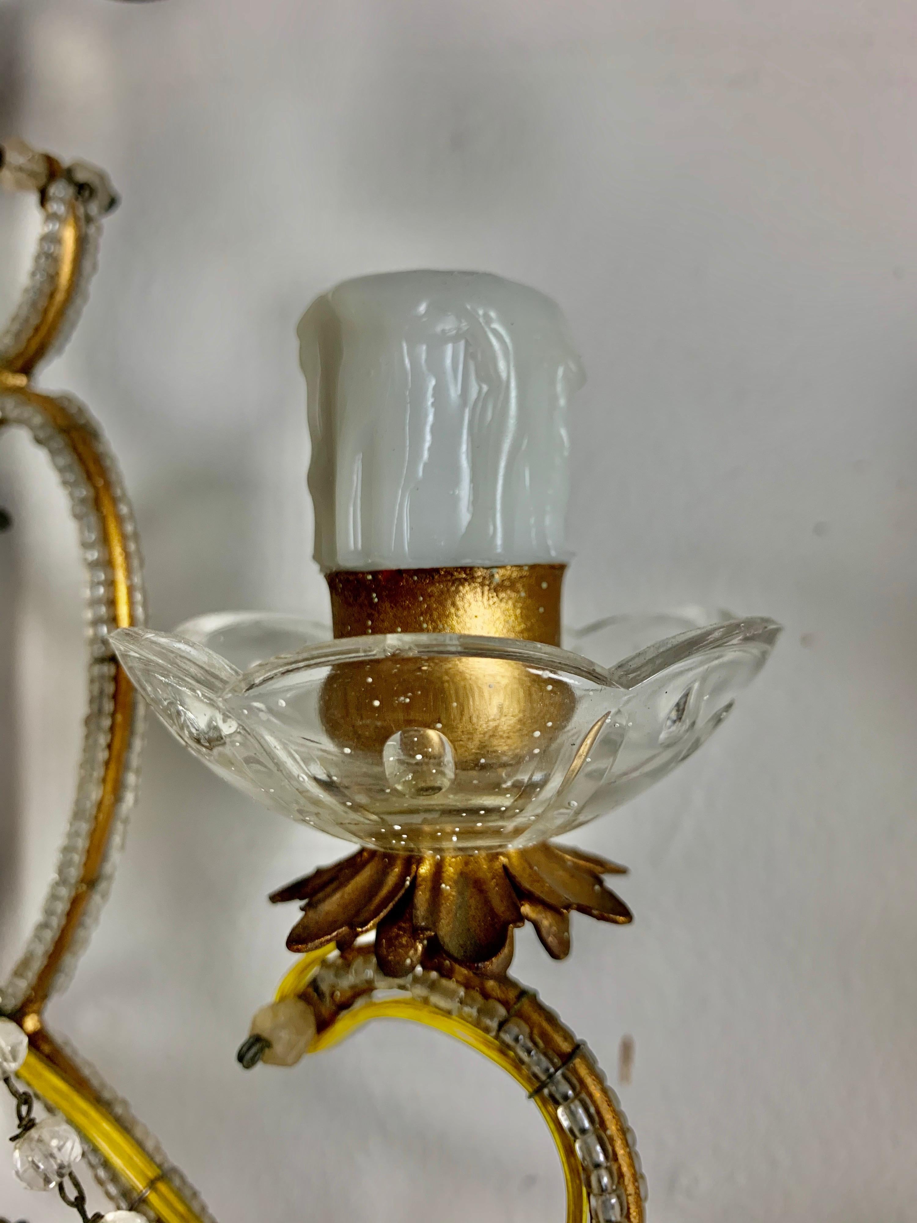 Early 20th Century Pair of French Mirror and Crystal Beaded Sconces