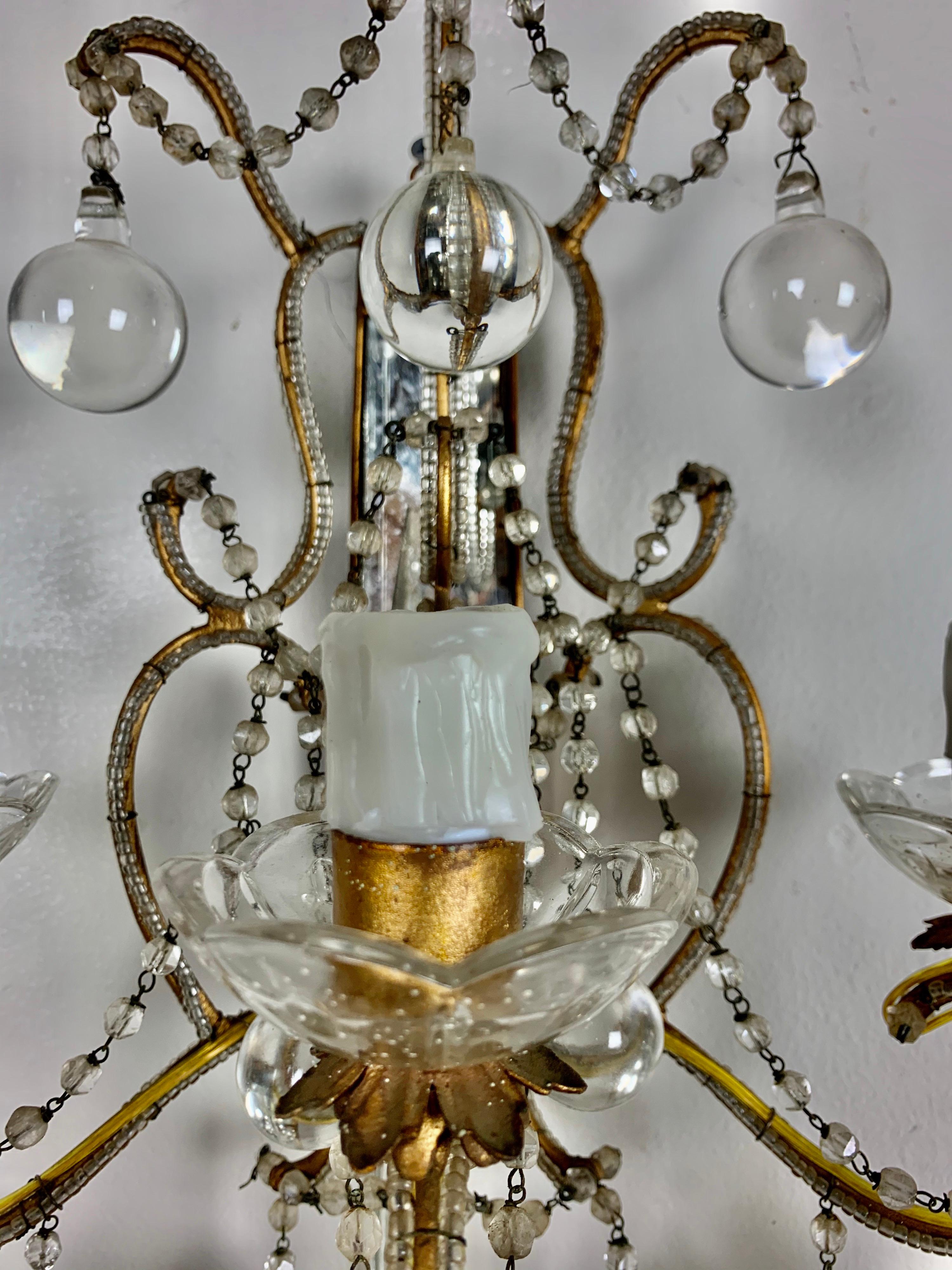 Metal Pair of French Mirror and Crystal Beaded Sconces