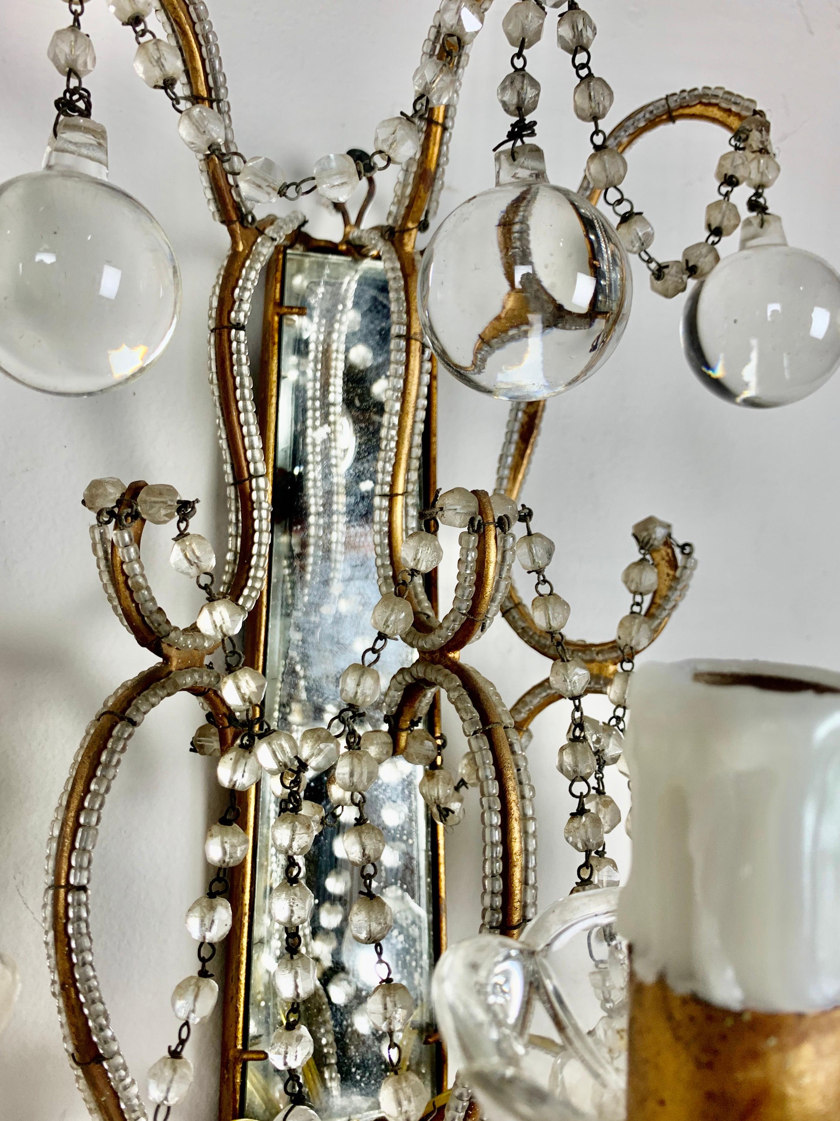 Pair of French Mirror and Crystal Beaded Sconces 2