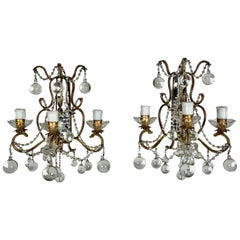 Pair of French Mirror and Crystal Beaded Sconces