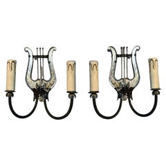 Pair of French Mirrored Lyre Wall Lights