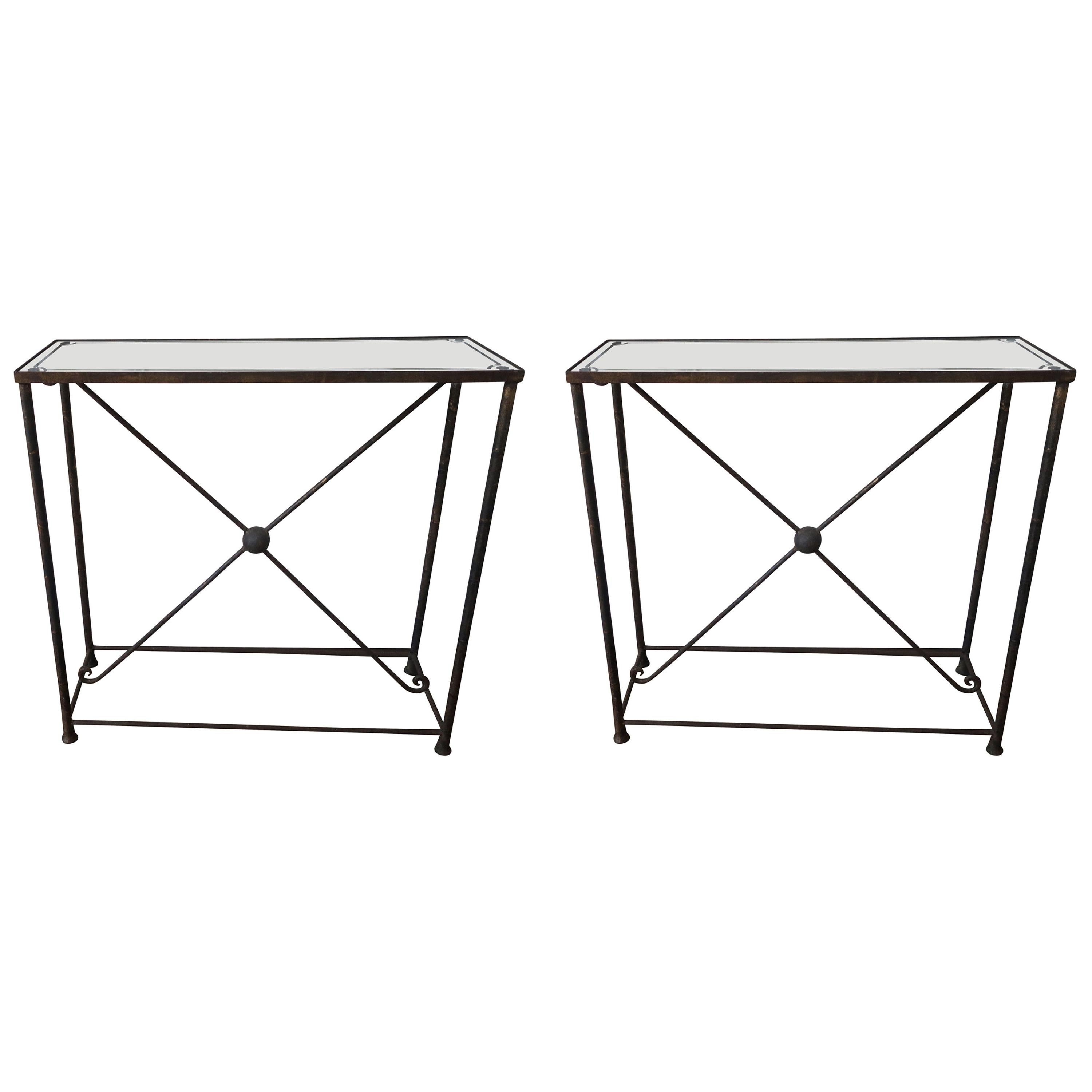 Pair of French Brass Bagues Style Console Tables with Etched Mirrored Tops