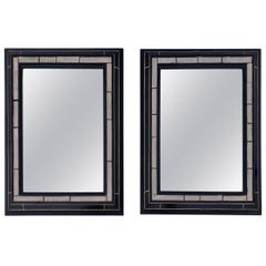 Pair of French Mirrors, Black with Inlaid Mother-of-Pearl, Baguès Style, Modern