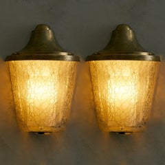 Pair of French 'Model 1119' Bronze + Crackle Glass Sconces by Jean Perzel, 1950s