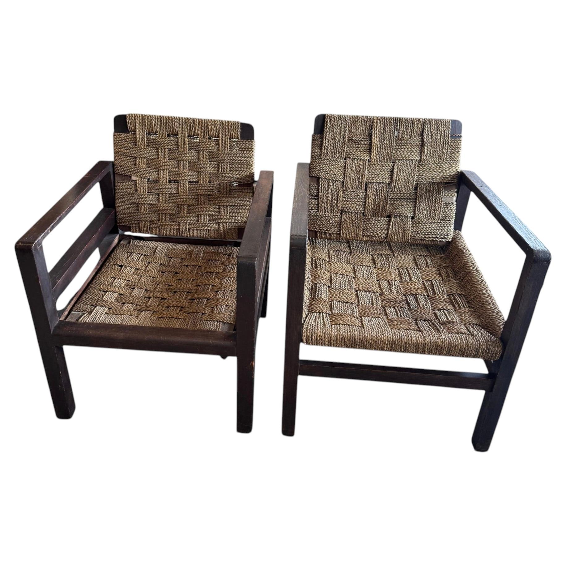 Pair of French Modern 1950s Woven Rope Armchairs
