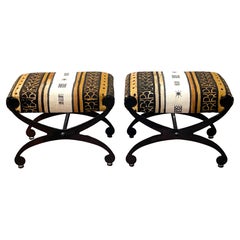 Pair of French Modern Black Enameled Curule Benches with African Batik Fabric