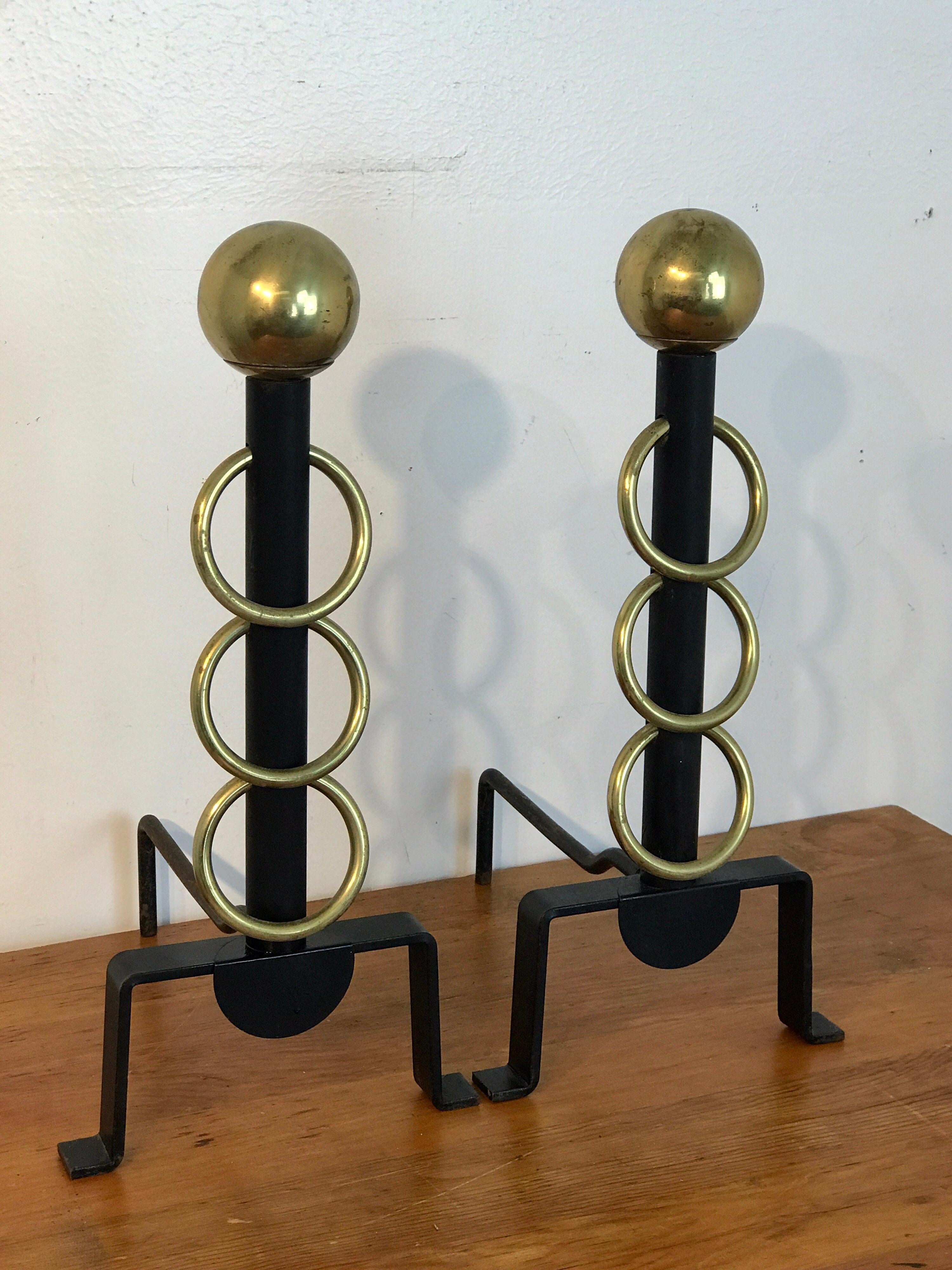 Pair of French Modern Brass and Iron Andirons In Good Condition In West Palm Beach, FL