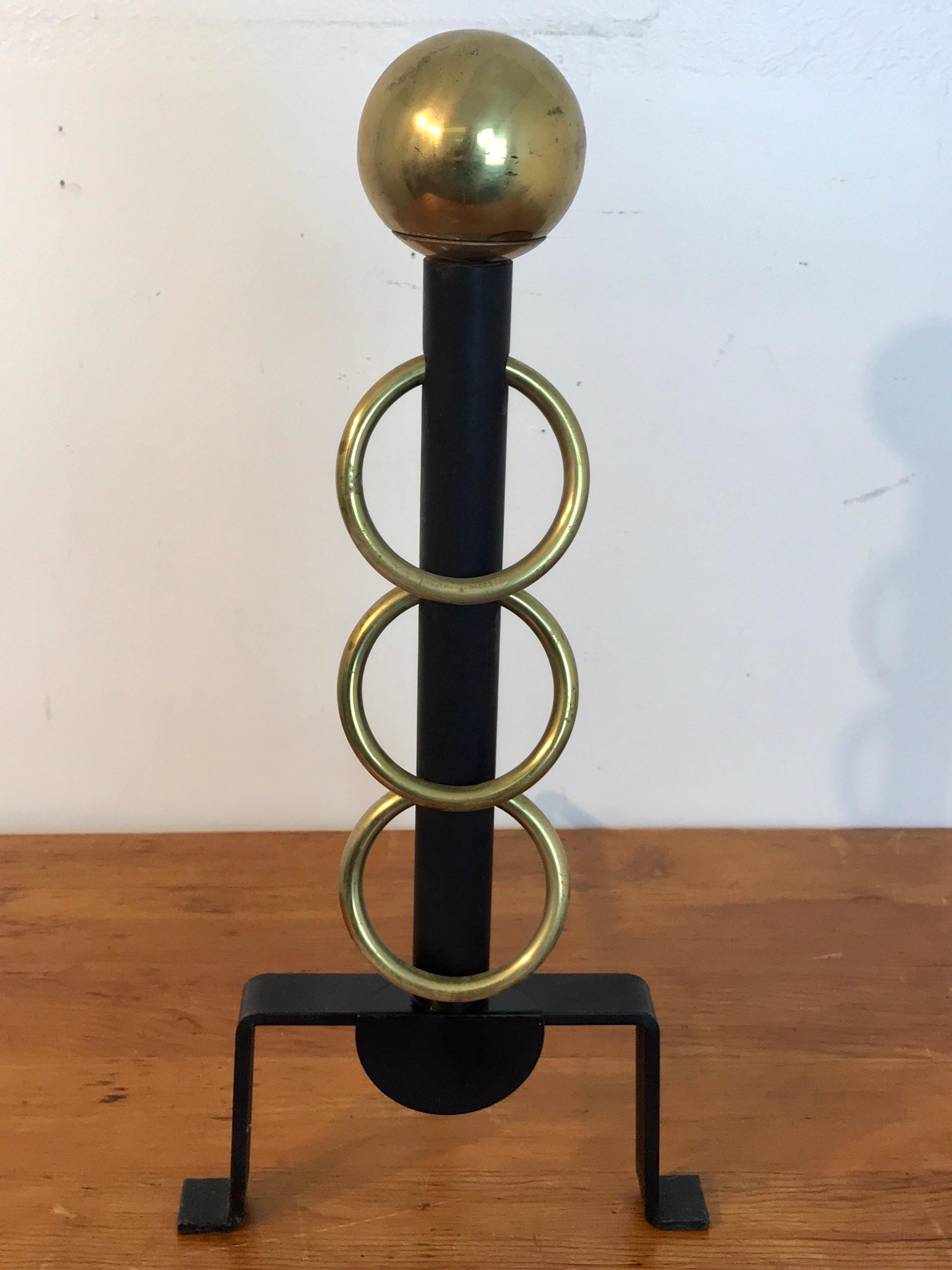 20th Century Pair of French Modern Brass and Iron Andirons