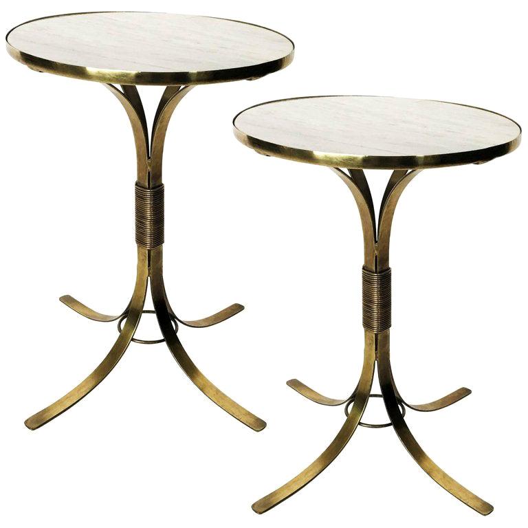 Pair of French Modern Brass with Marble Top Side Tables