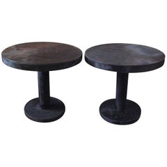 Pair of French Modern Circular Drinks Tables, in Black Cowhide