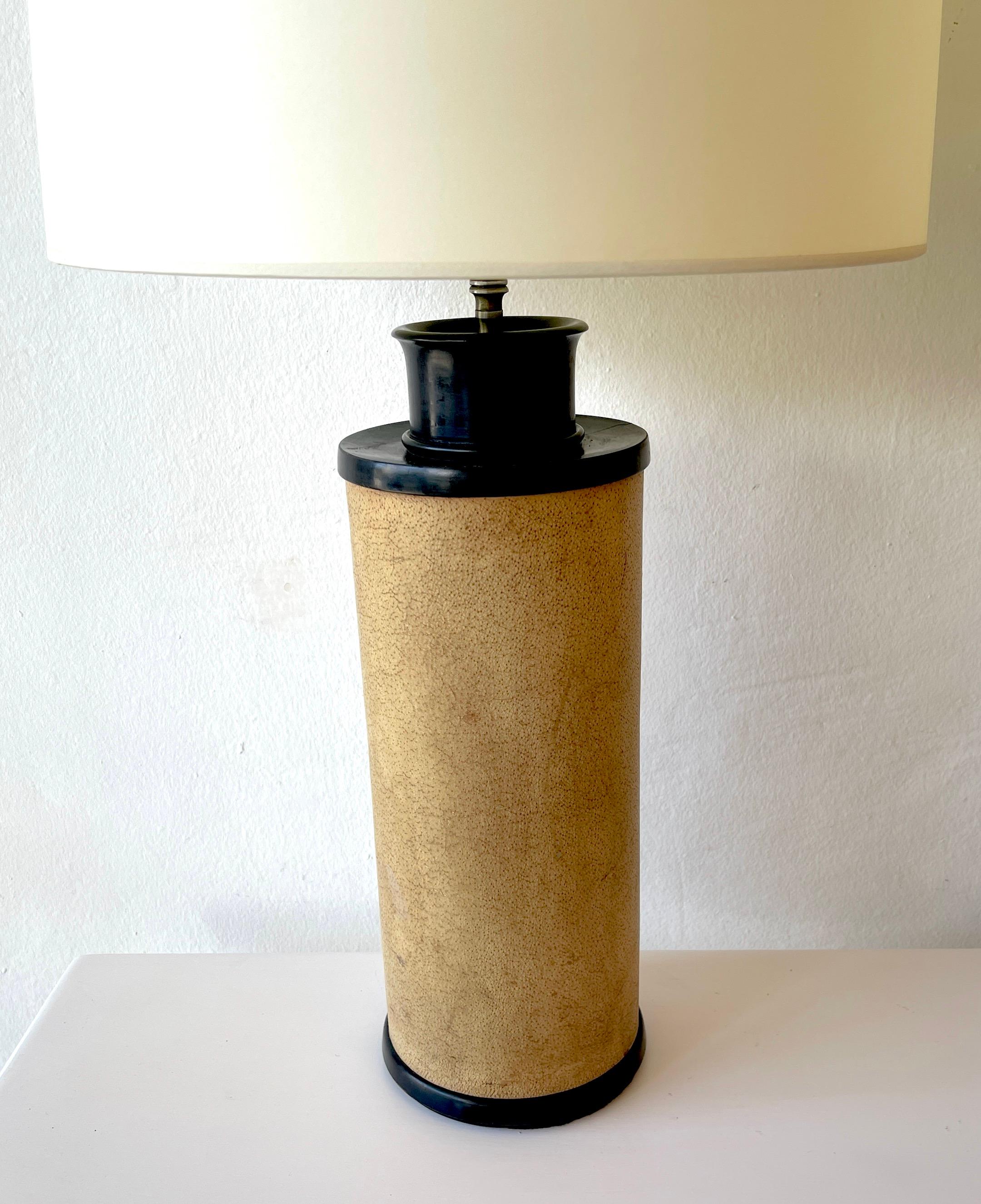 Pair of French Modern Ebonized Wood & Parchment Leather Lamps, Style of JMF In Good Condition In West Palm Beach, FL