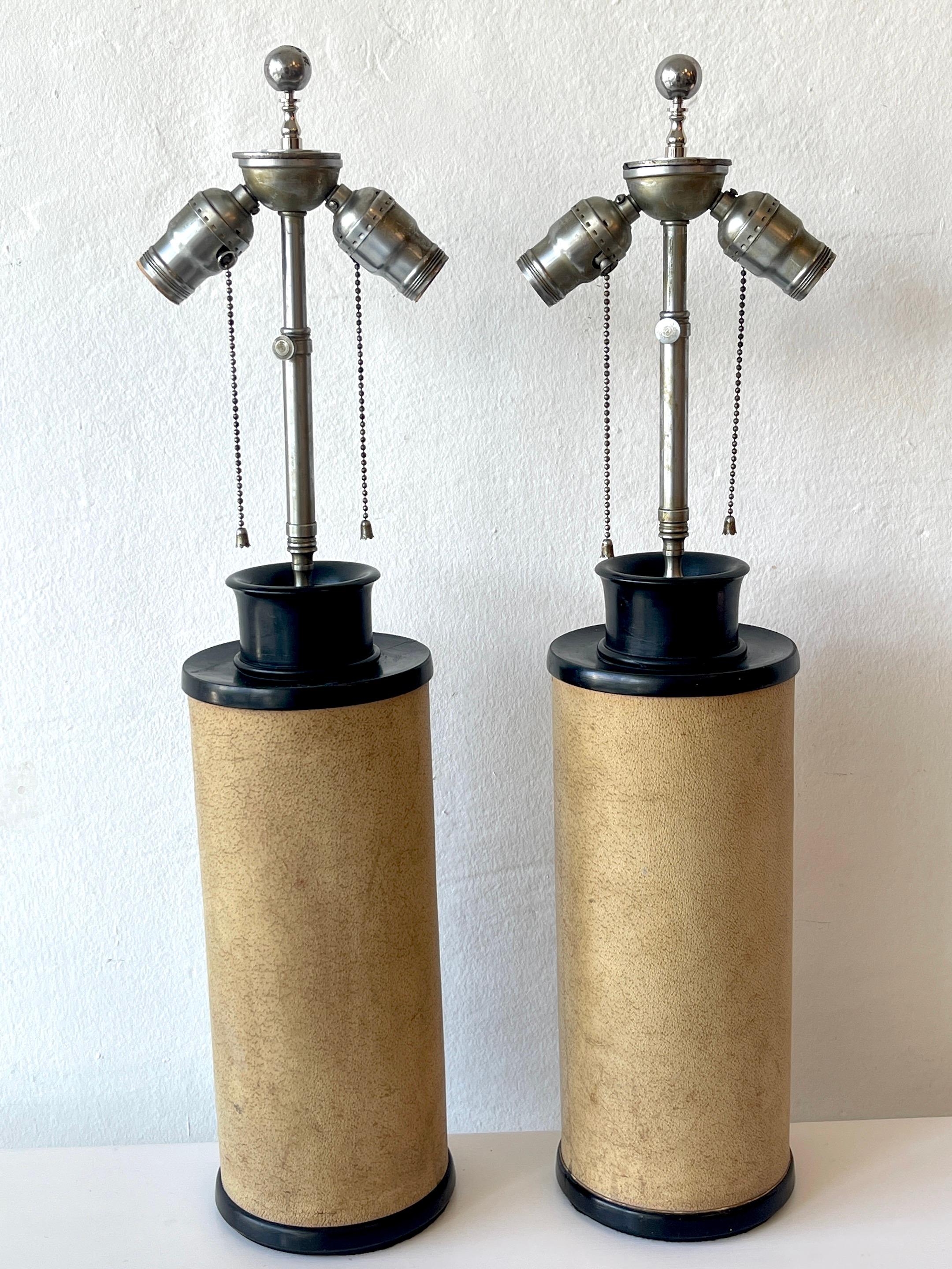 Metal Pair of French Modern Ebonized Wood & Parchment Leather Lamps, Style of JMF