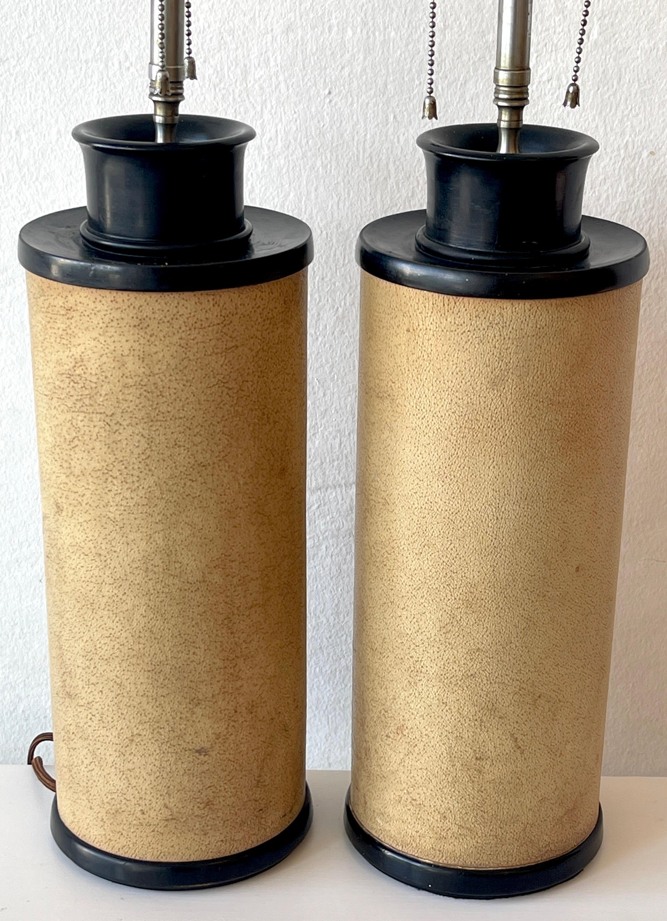 Pair of French Modern Ebonized Wood & Parchment Leather Lamps, Style of JMF 1