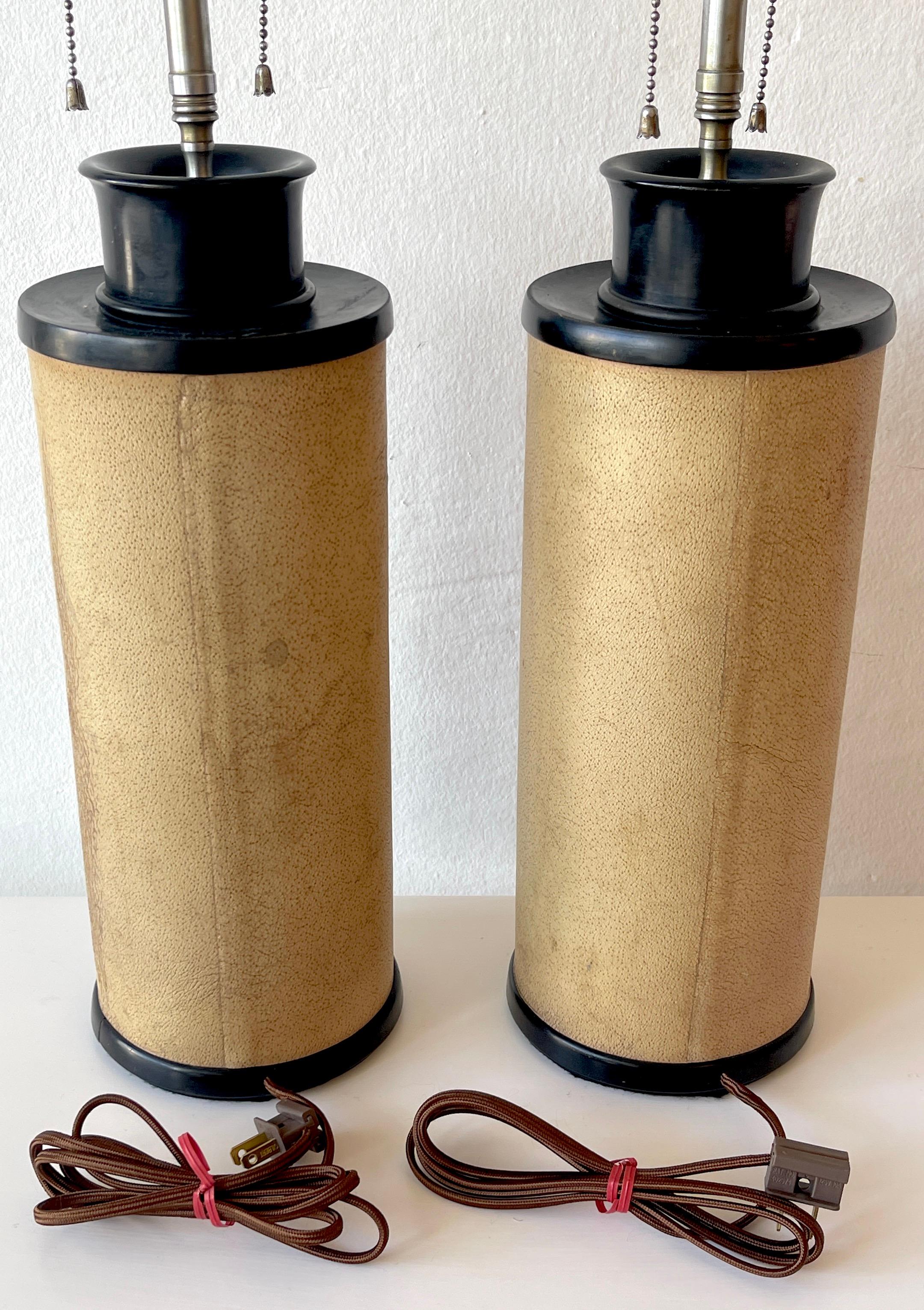 Pair of French Modern Ebonized Wood & Parchment Leather Lamps, Style of JMF 2