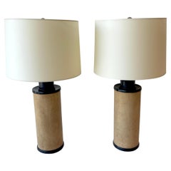 Pair of French Modern Ebonized Wood & Parchment Leather Lamps, Style of JMF