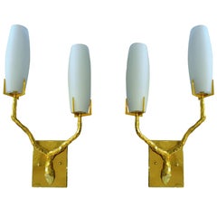 Pair of French Modern Gilt Bronze and Glass Wall Lights, Maison Arlus, 1960's