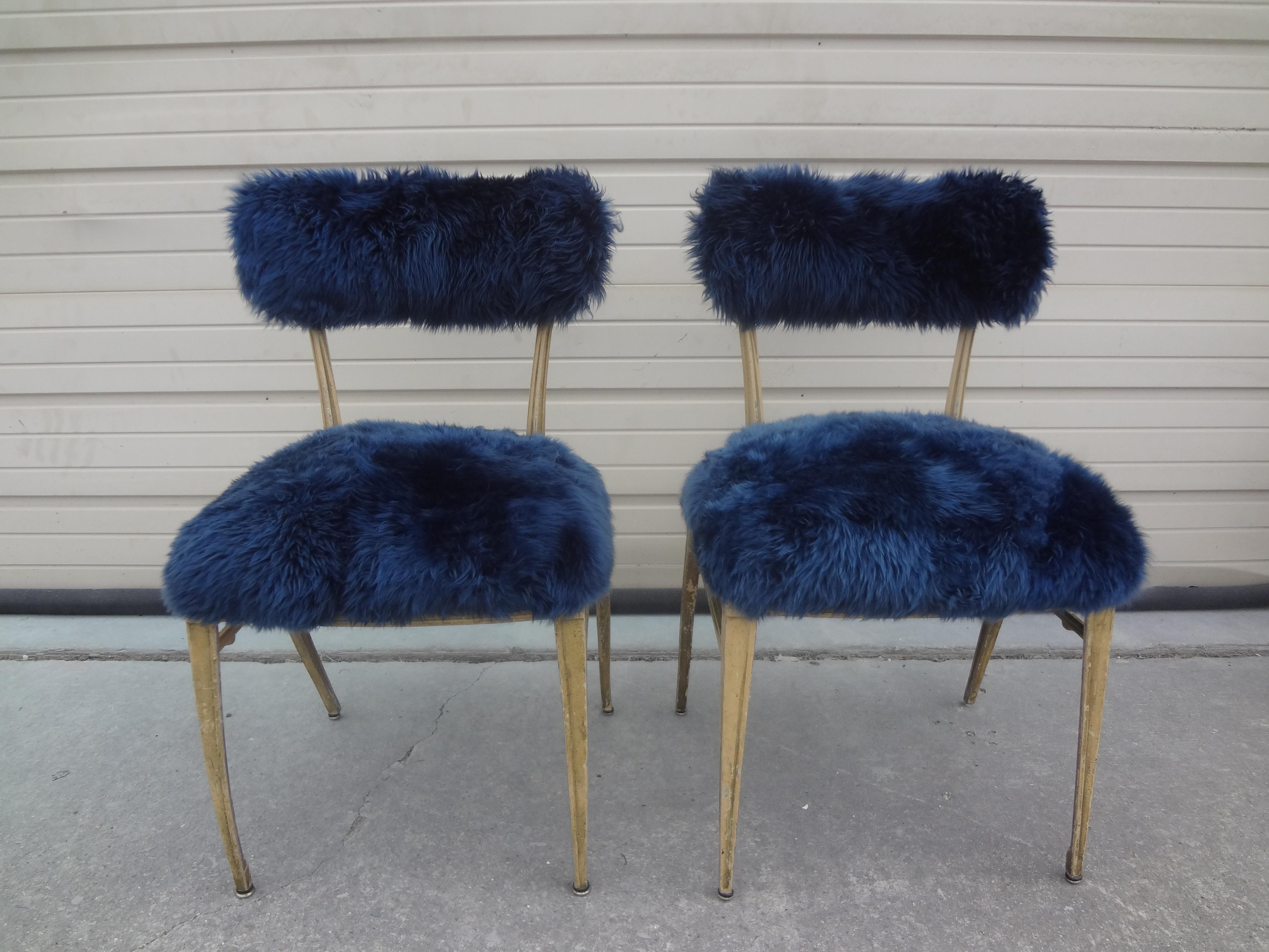 Pair of French Modern Jean Prouvé Style Metal Chairs Upholstered in Sheepskin 5