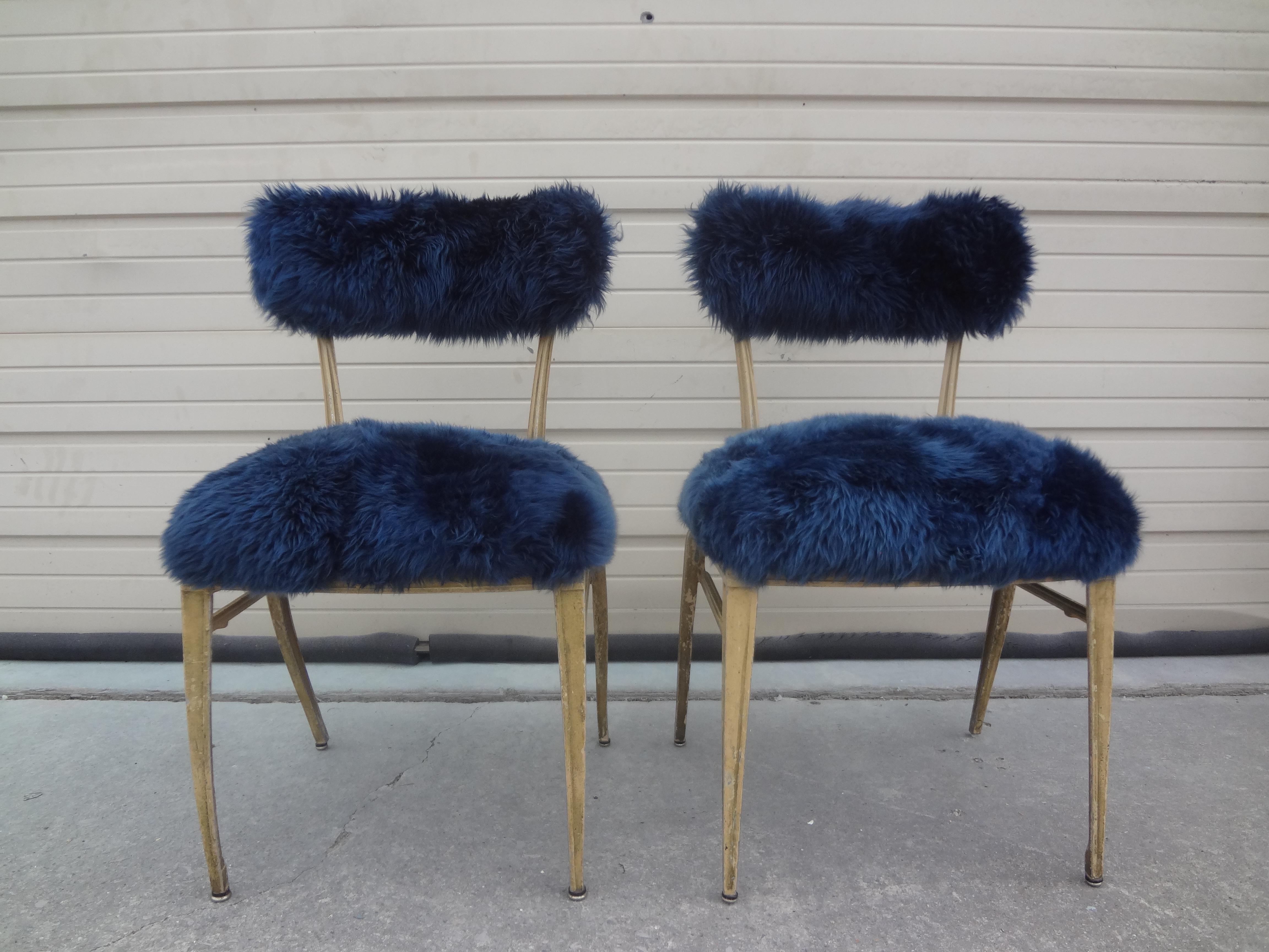 Mid-Century Modern Pair of French Modern Jean Prouvé Style Metal Chairs Upholstered in Sheepskin