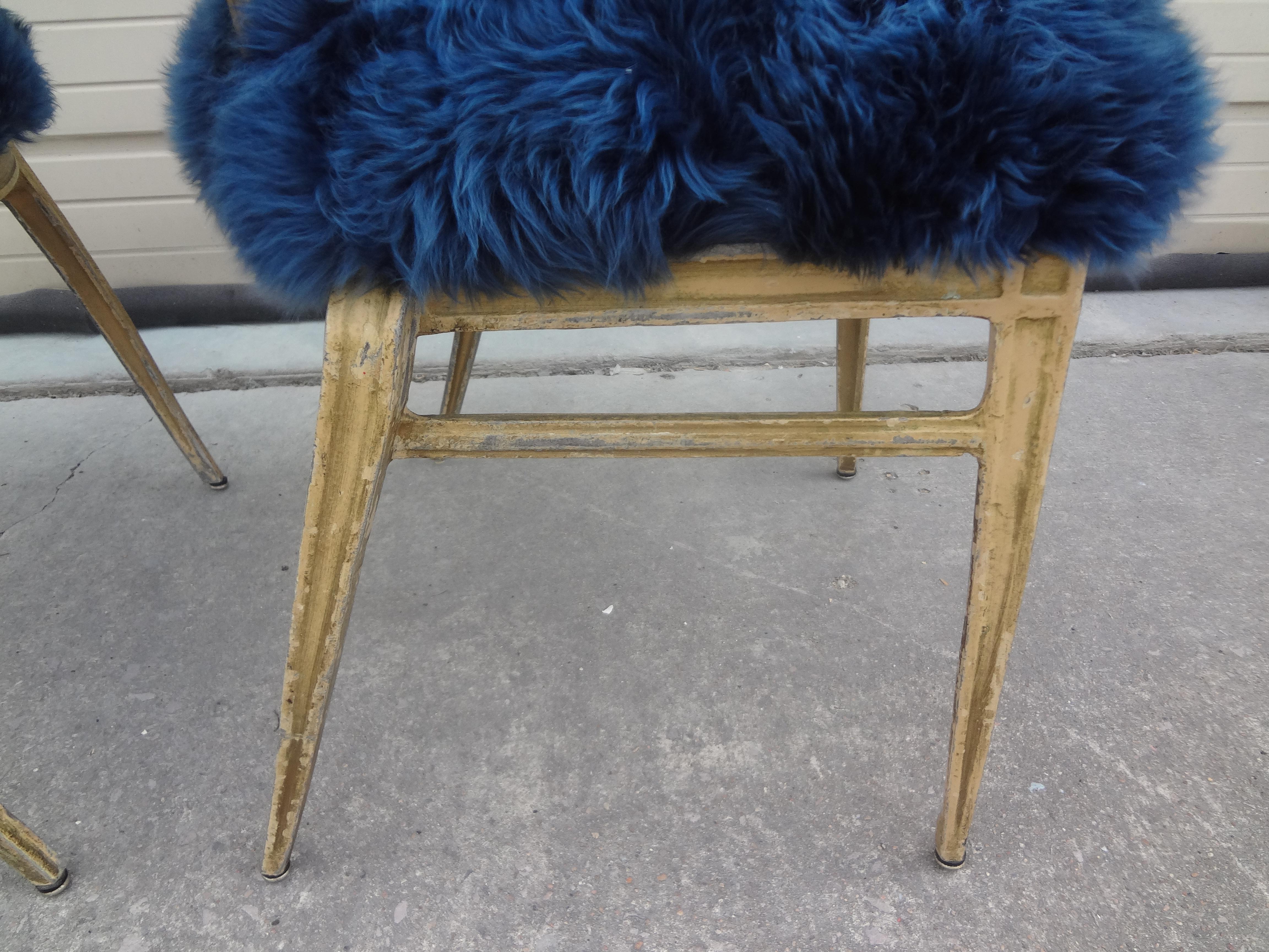 Pair of French Modern Jean Prouvé Style Metal Chairs Upholstered in Sheepskin In Good Condition In Houston, TX