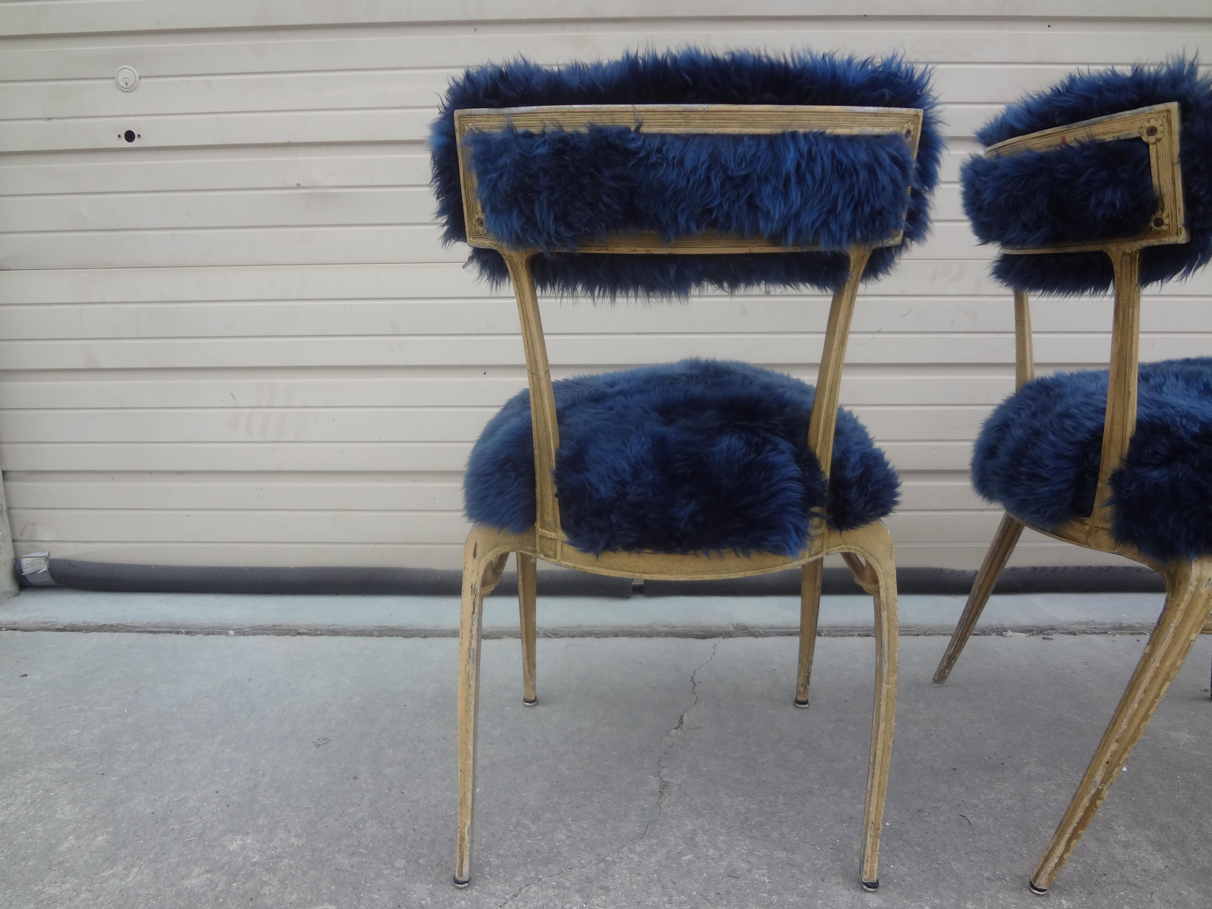 Mid-20th Century Pair of French Modern Jean Prouvé Style Metal Chairs Upholstered in Sheepskin