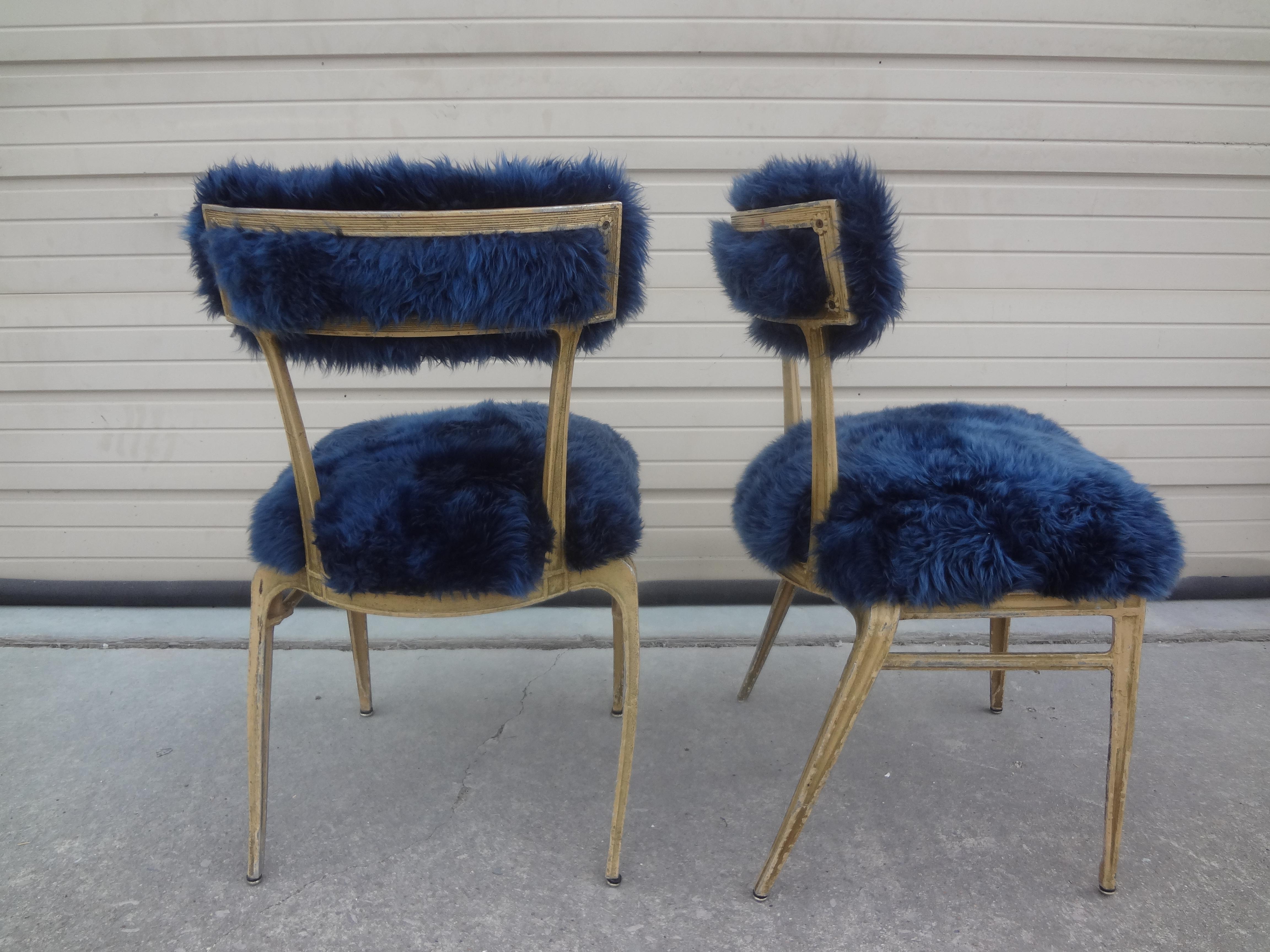 Pair of French Modern Jean Prouvé Style Metal Chairs Upholstered in Sheepskin 1