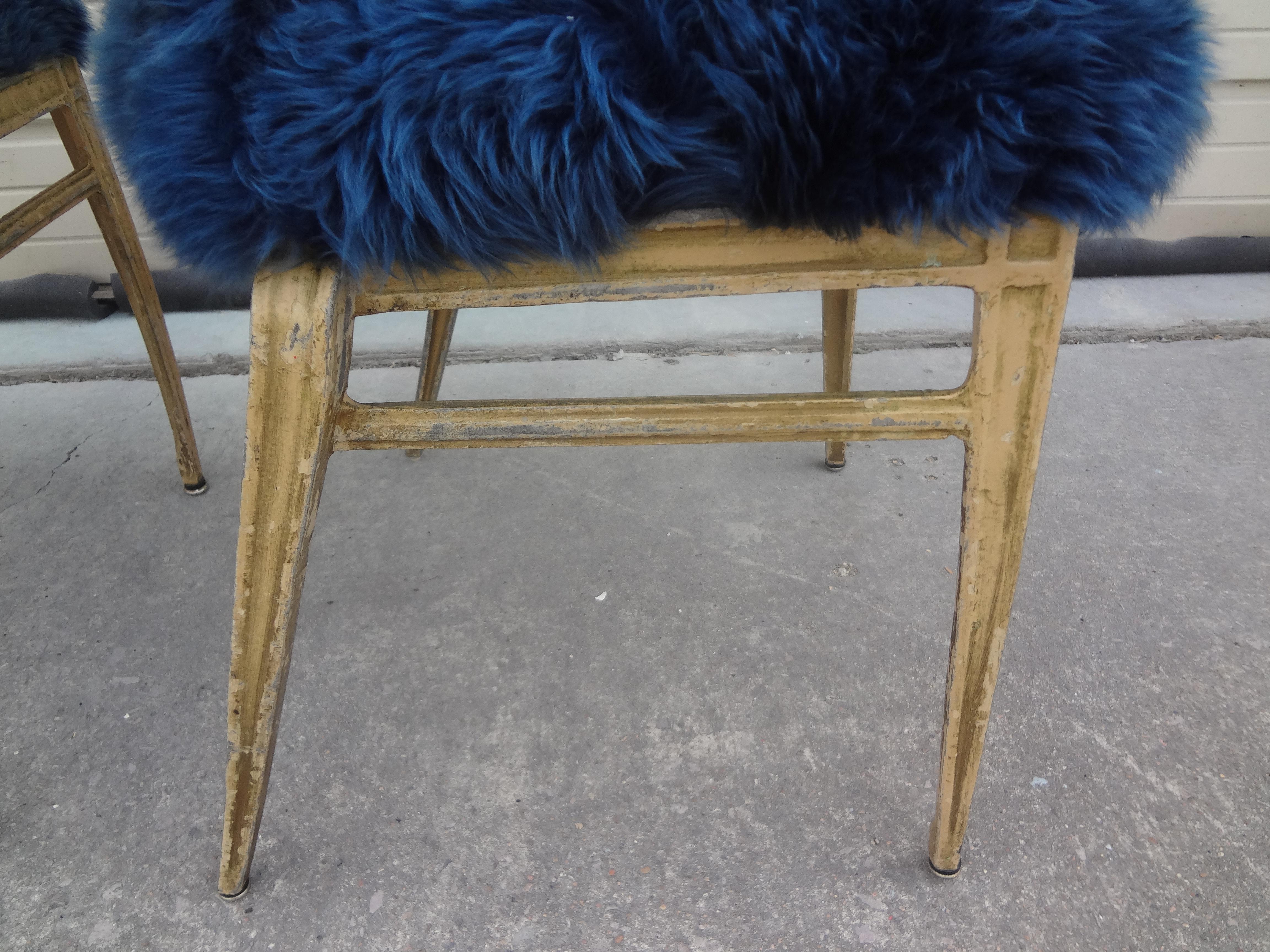 Pair of French Modern Jean Prouvé Style Metal Chairs Upholstered in Sheepskin 2