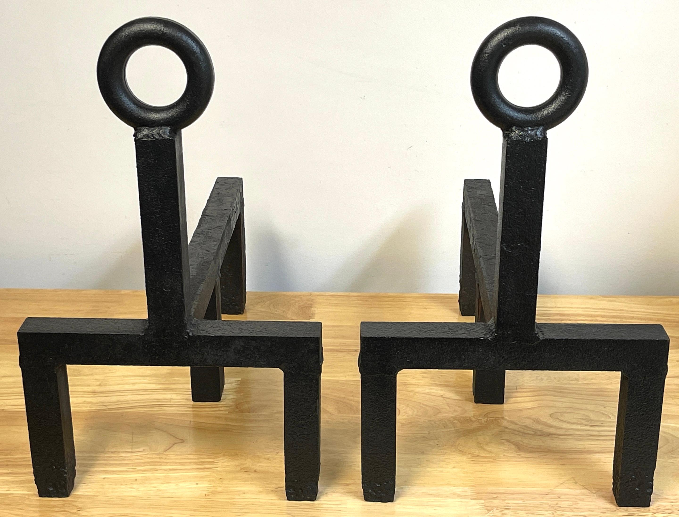 Blackened Pair of French Modern 'Keyhole' Forged Iron Andirons 