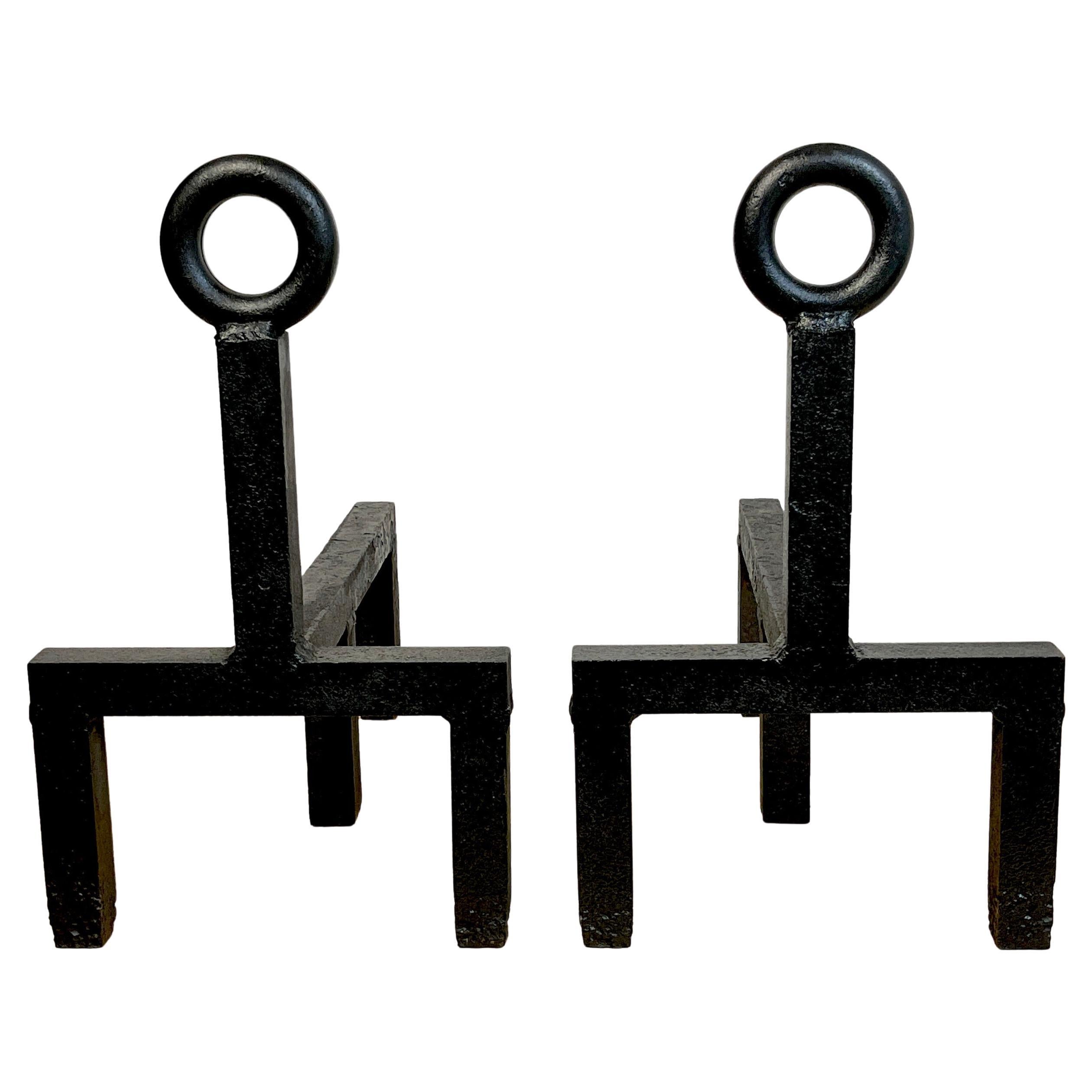 Pair of French Modern 'Keyhole' Forged Iron Andirons 