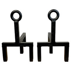 Pair of French Modern 'Keyhole' Forged Iron Andirons 