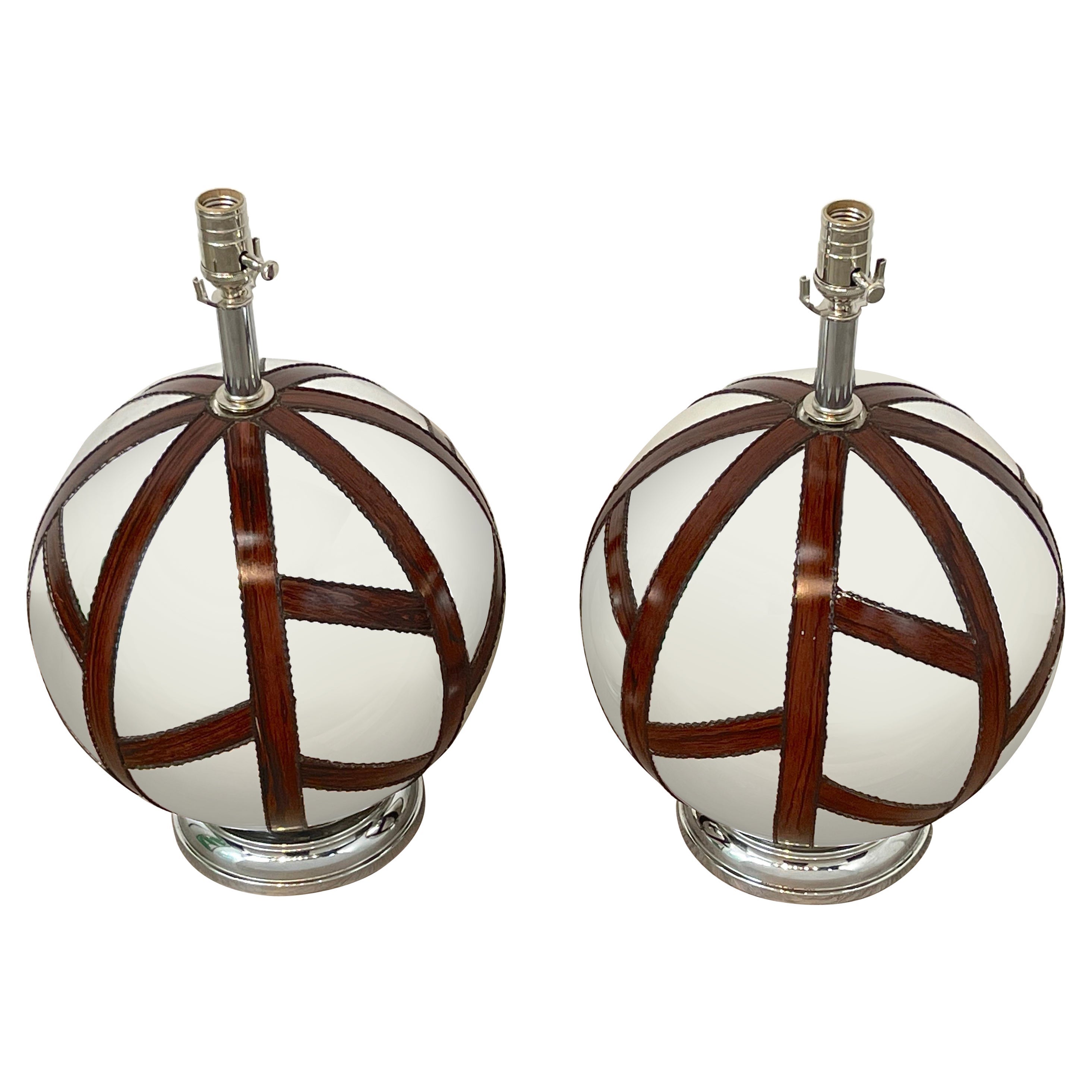 Pair of French Modern Mercury Glass 
Applied Geometric Macassar Orb Lamps