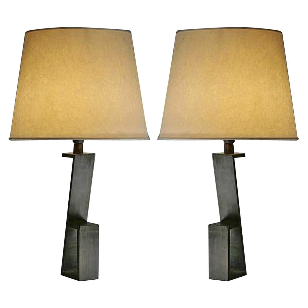 Pair of French Modern Neoclassic Iron "Z" Table Lamps in Style of Jacques Quinet For Sale