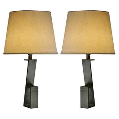 Pair of French Modern Neoclassic Iron "Z" Table Lamps in Style of Jacques Quinet
