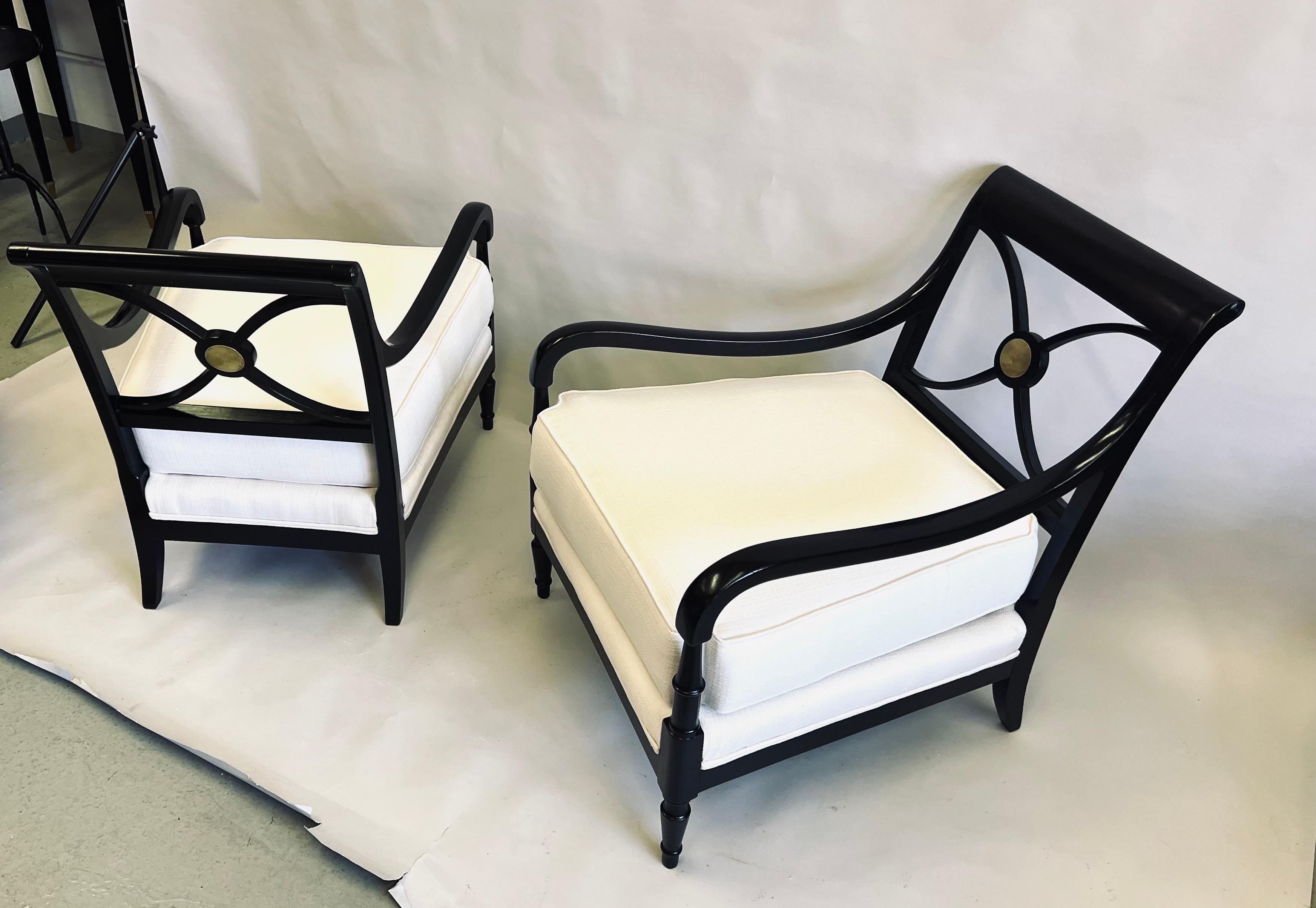 A Rare and Important Pair of French MId-Century Modern Neoclassical Armchairs / Lounge chairs by Maison Jansen, Paris, circa 1940. These elegant chairs express the heart of  Maison Jansen furniture, they are handmade of the finest materials and