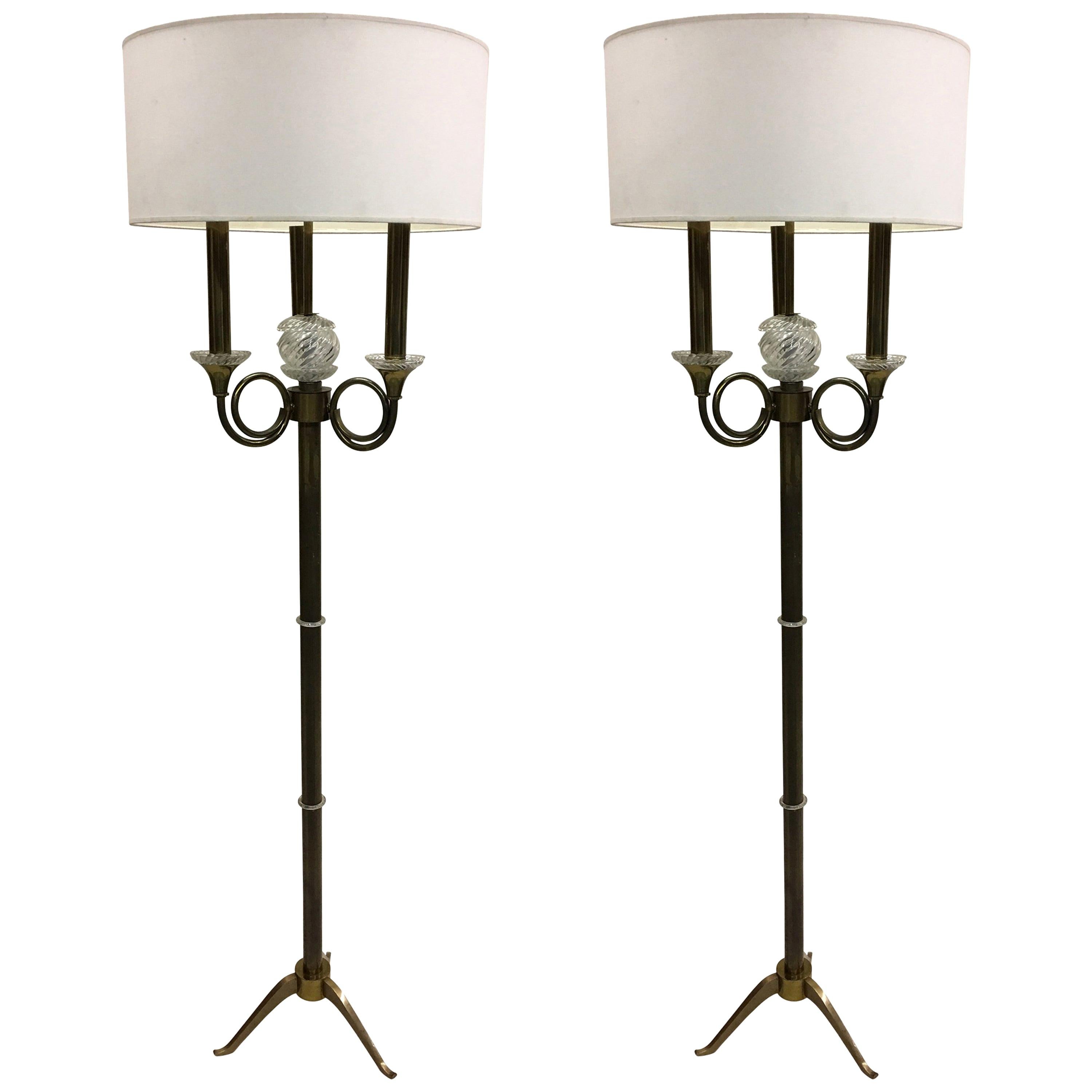Pair of French Modern Neoclassical Brass and Crystal Floor Lamps, Jules Leleu For Sale