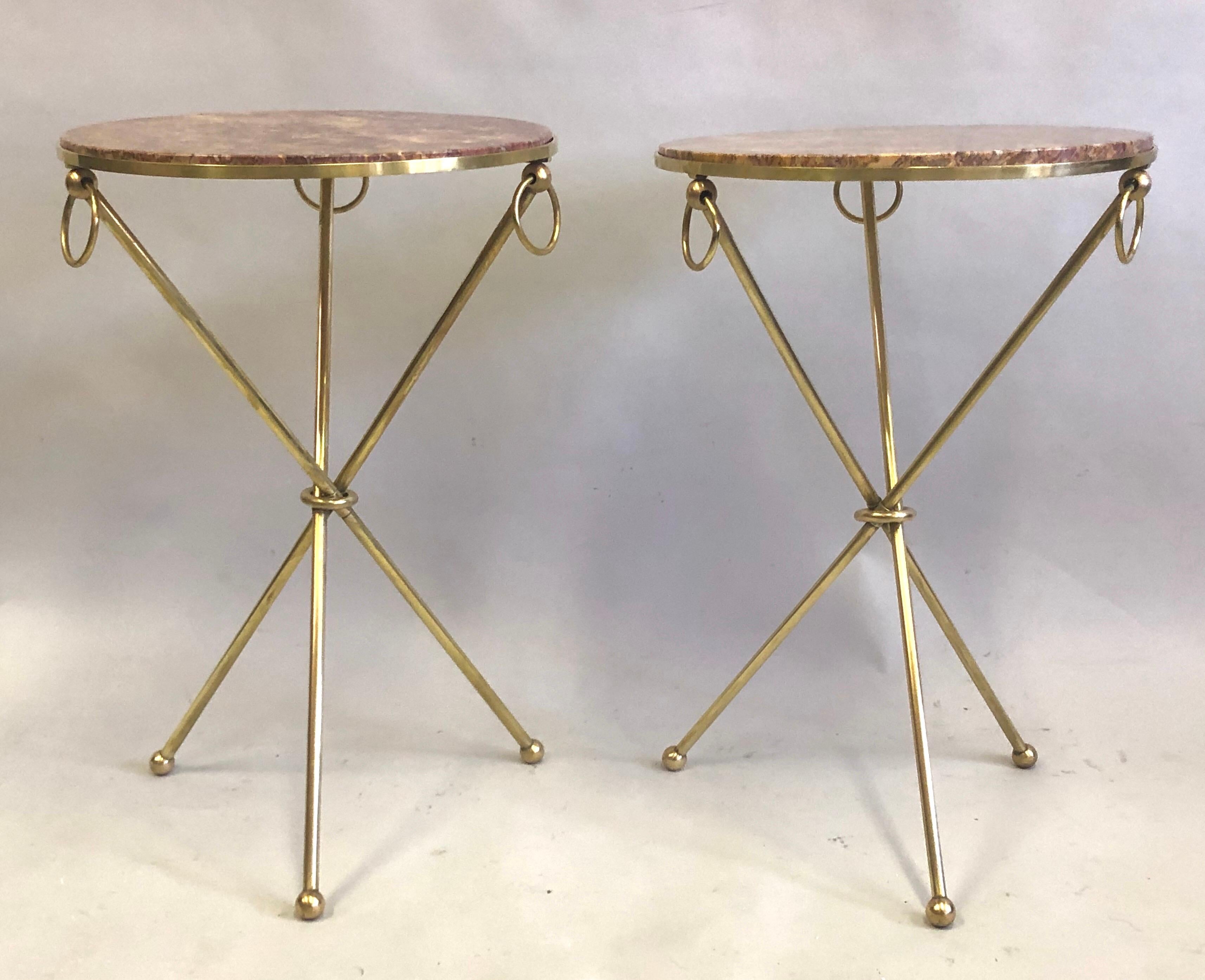 Mid-Century Modern Pair of French Modern Neoclassical Brass & Marble Side Tables, Jean-Michel Frank