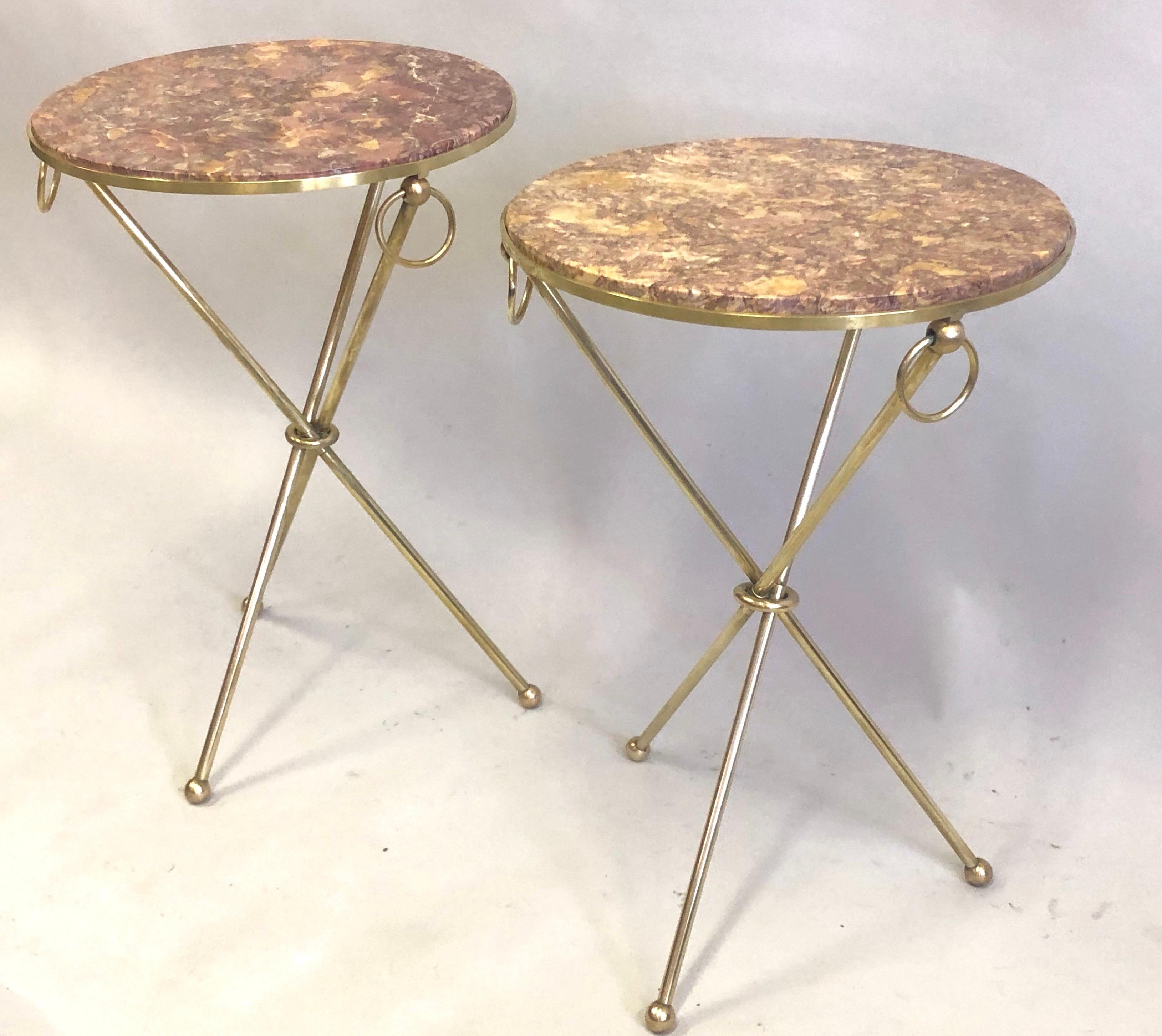 Pair of French Modern Neoclassical Brass & Marble Side Tables, Jean-Michel Frank In Good Condition In New York, NY