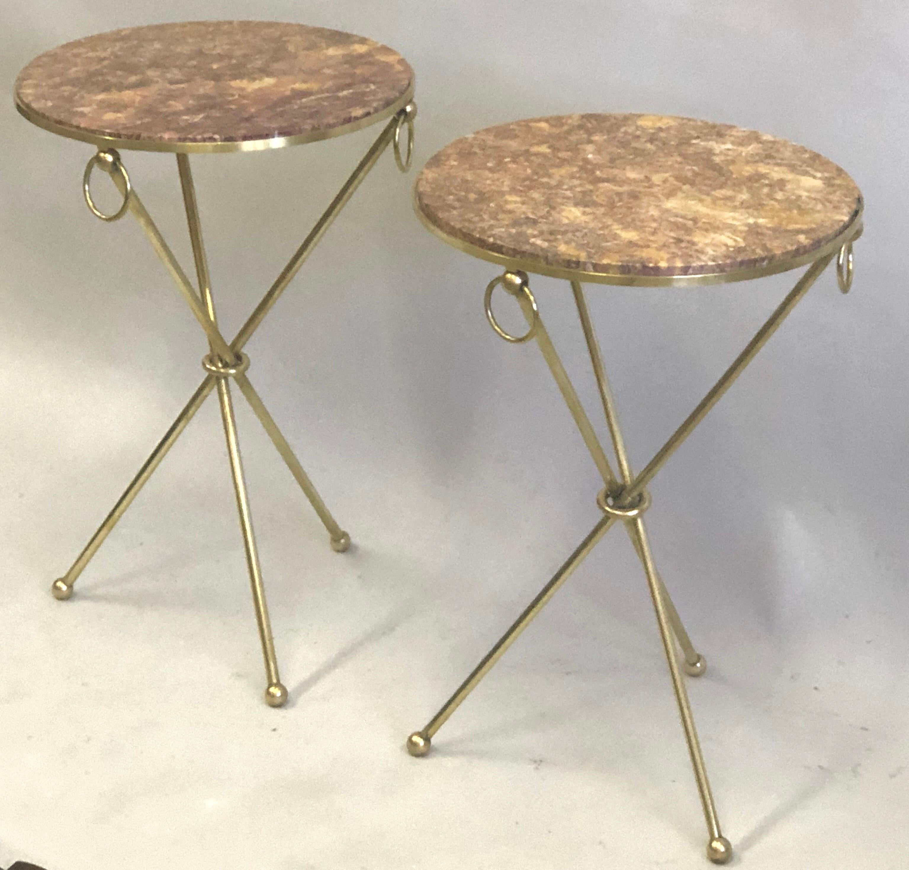 20th Century Pair of French Modern Neoclassical Brass & Marble Side Tables, Jean-Michel Frank