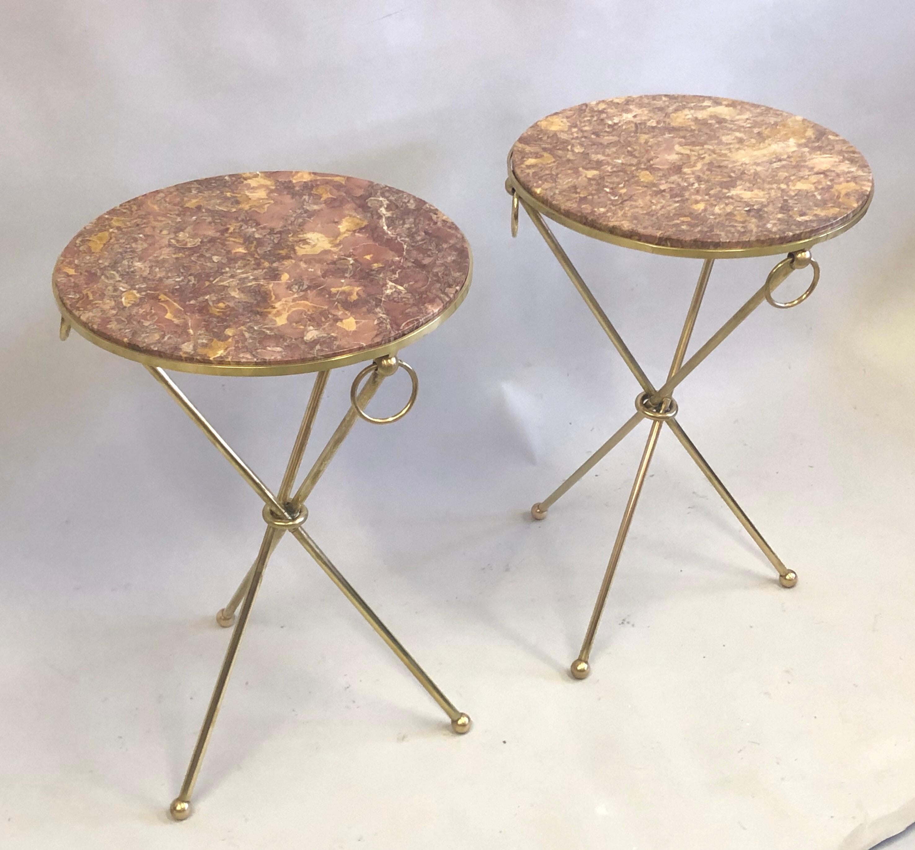 Pair of French Modern Neoclassical Brass & Marble Side Tables, Jean-Michel Frank 1