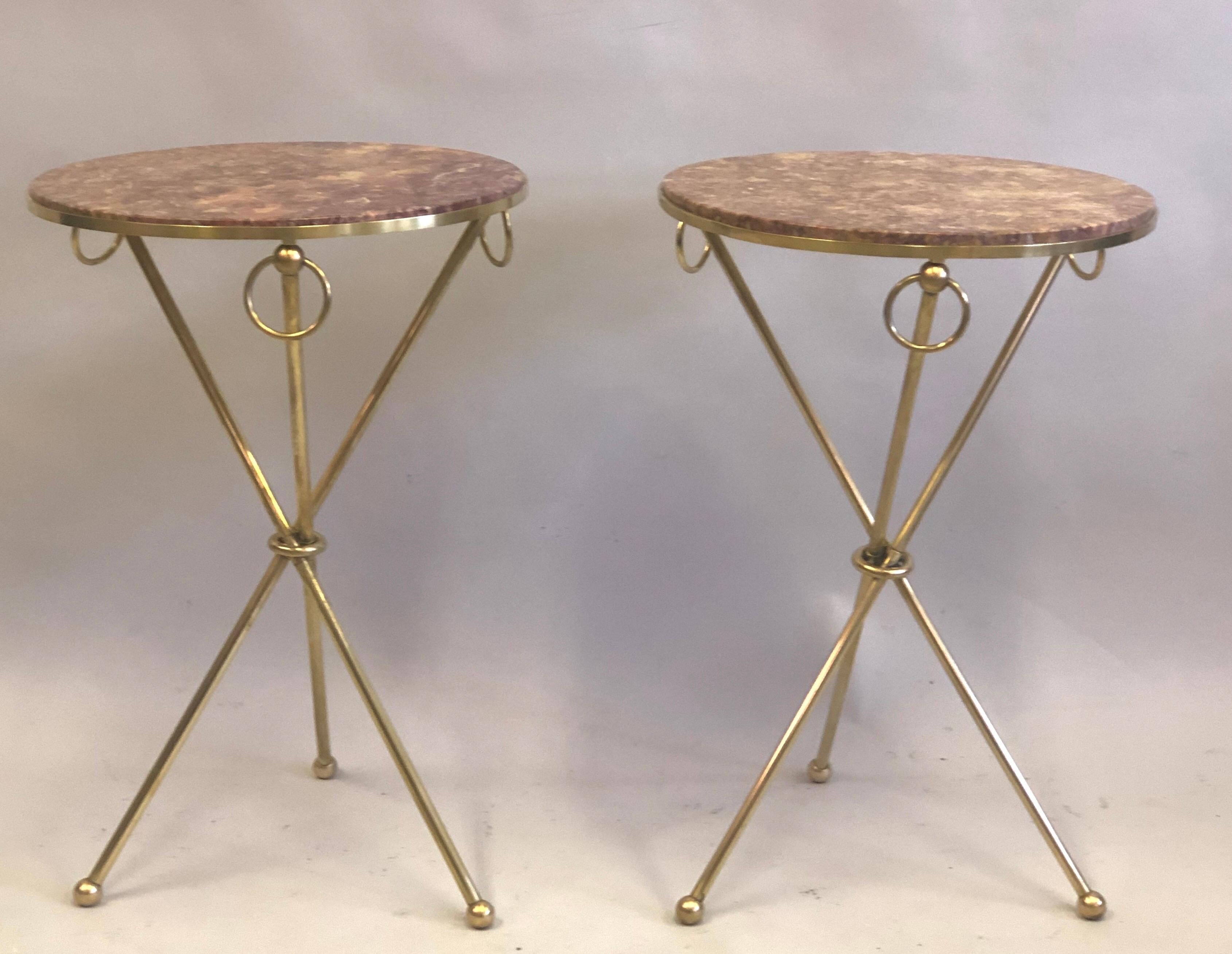Pair of French Modern Neoclassical Brass & Marble Side Tables, Jean-Michel Frank 2