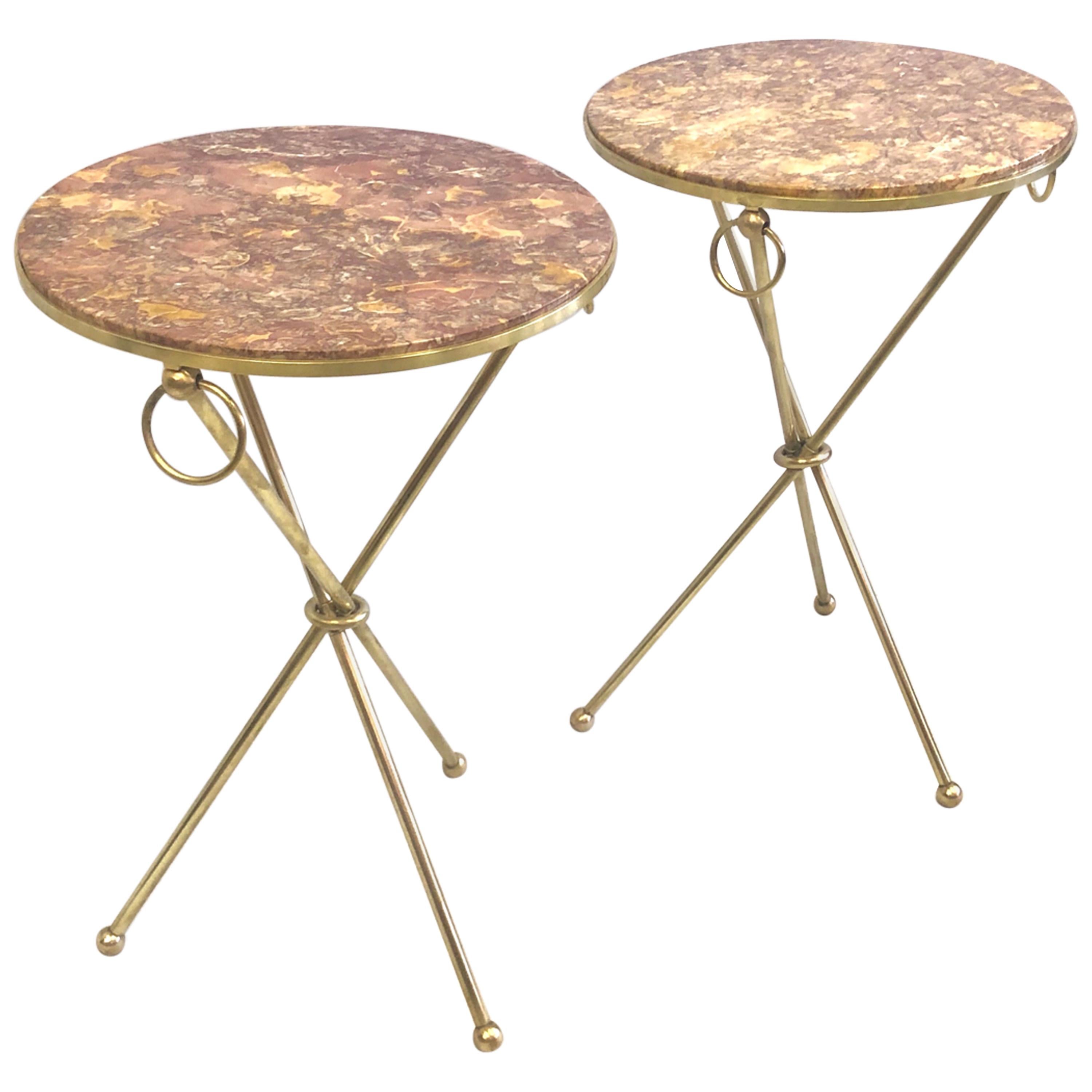Pair of French Modern Neoclassical Brass & Marble Side Tables, Jean-Michel Frank