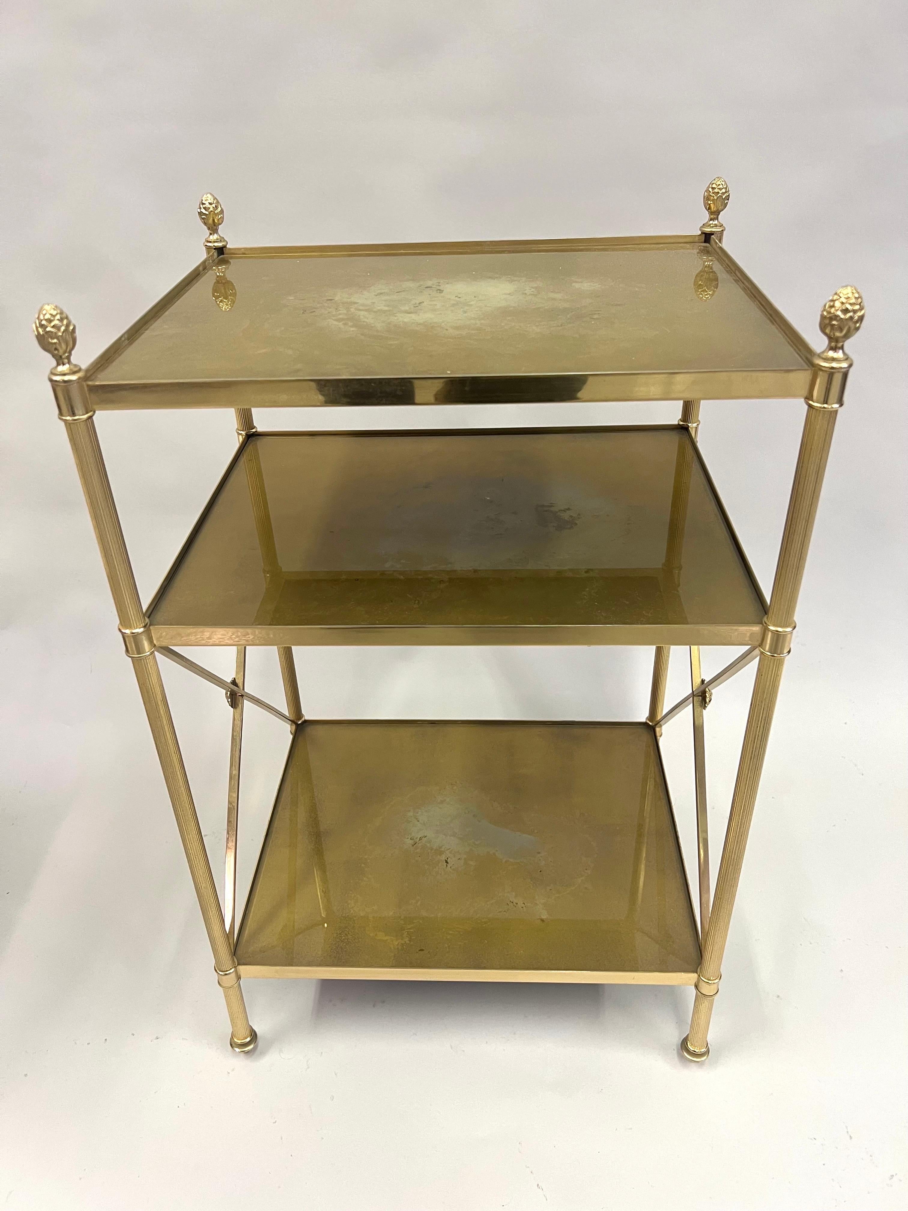 Pair of French Modern Neoclassical Brass & Verre Eglomisse 3 Tier Side Tables For Sale 3