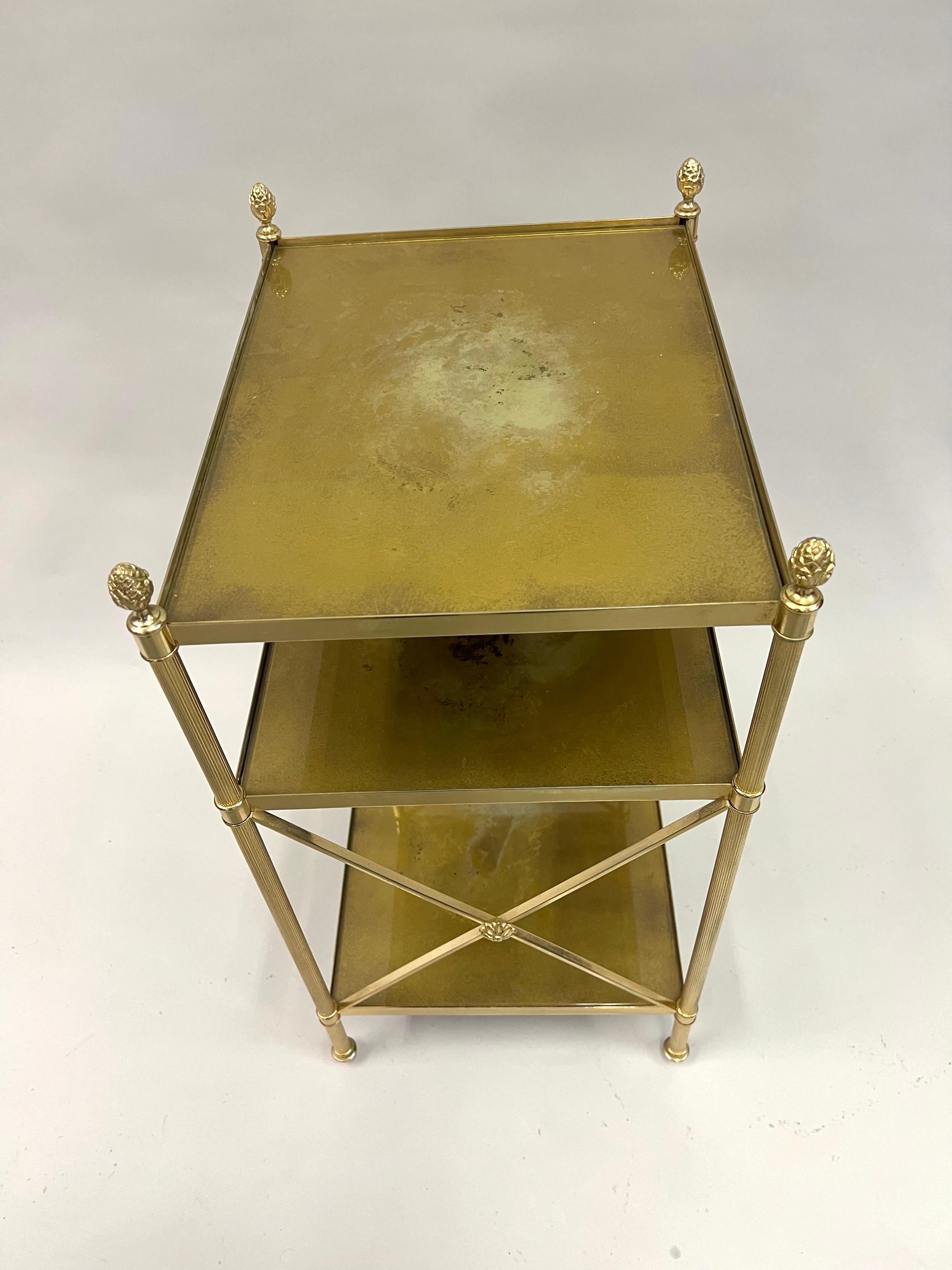 Pair of French Modern Neoclassical Brass & Verre Eglomisse 3 Tier Side Tables For Sale 4