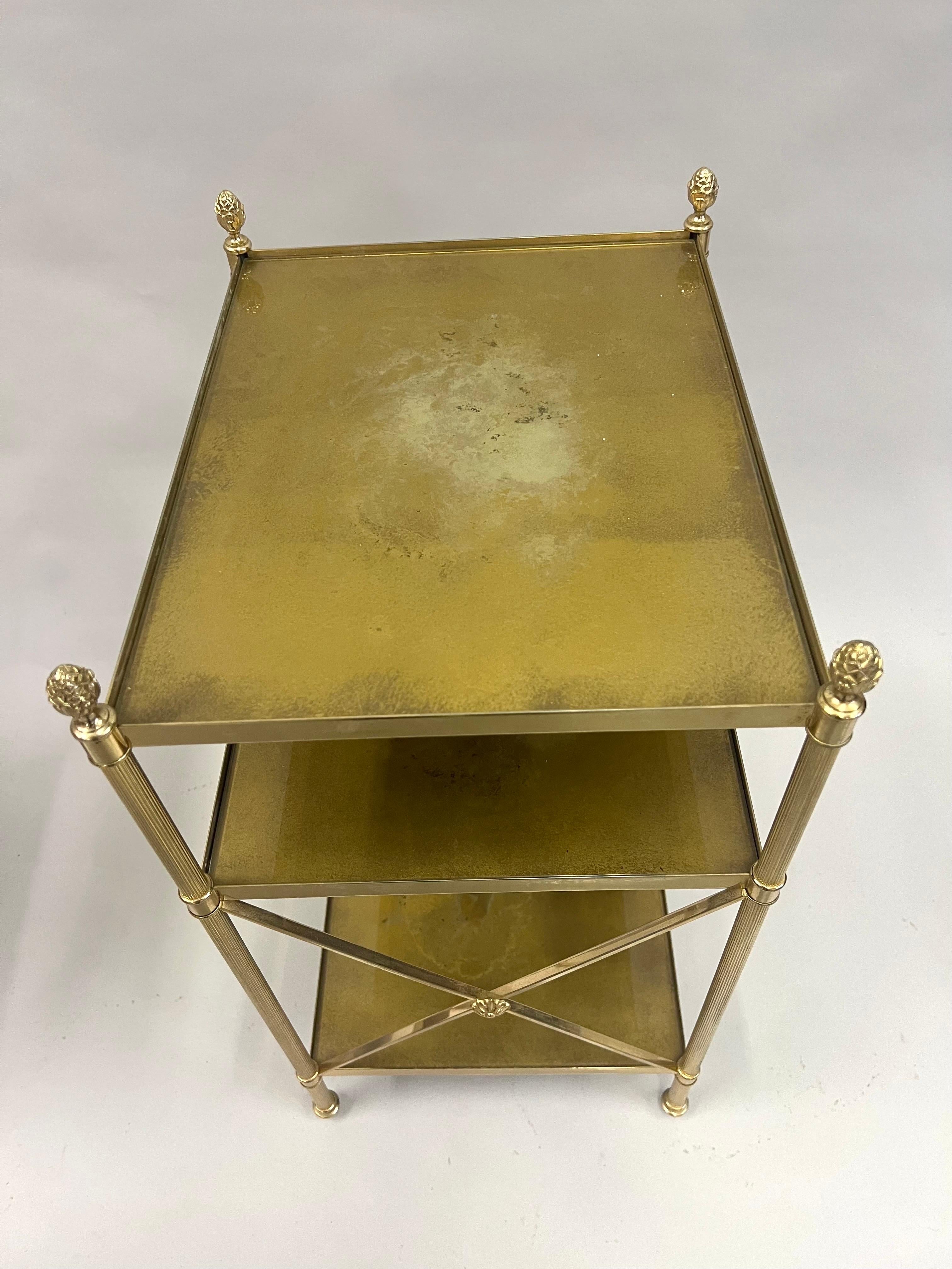 Pair of French Modern Neoclassical Brass & Verre Eglomisse 3 Tier Side Tables For Sale 5