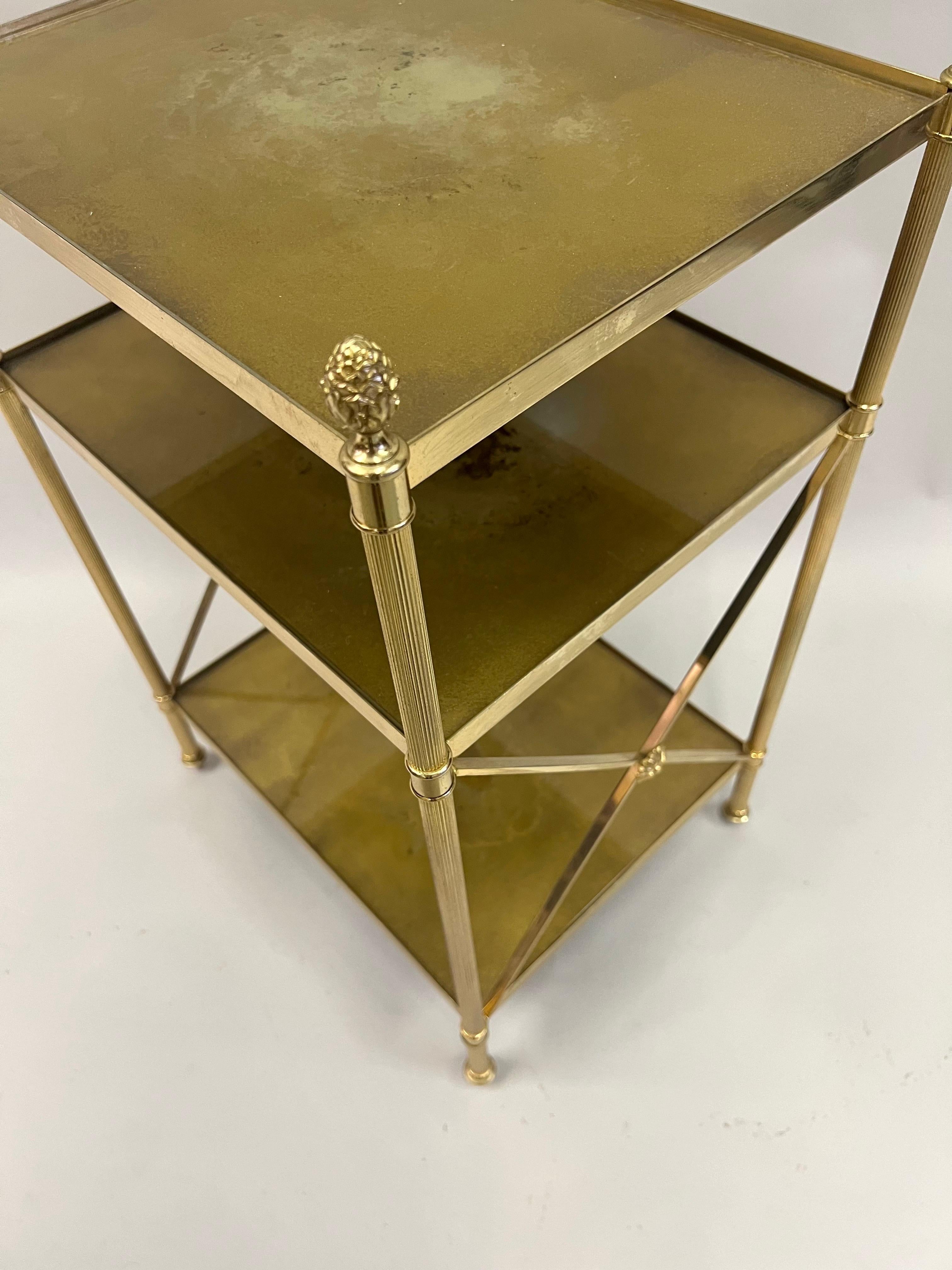 Pair of French Modern Neoclassical Brass & Verre Eglomisse 3 Tier Side Tables For Sale 7