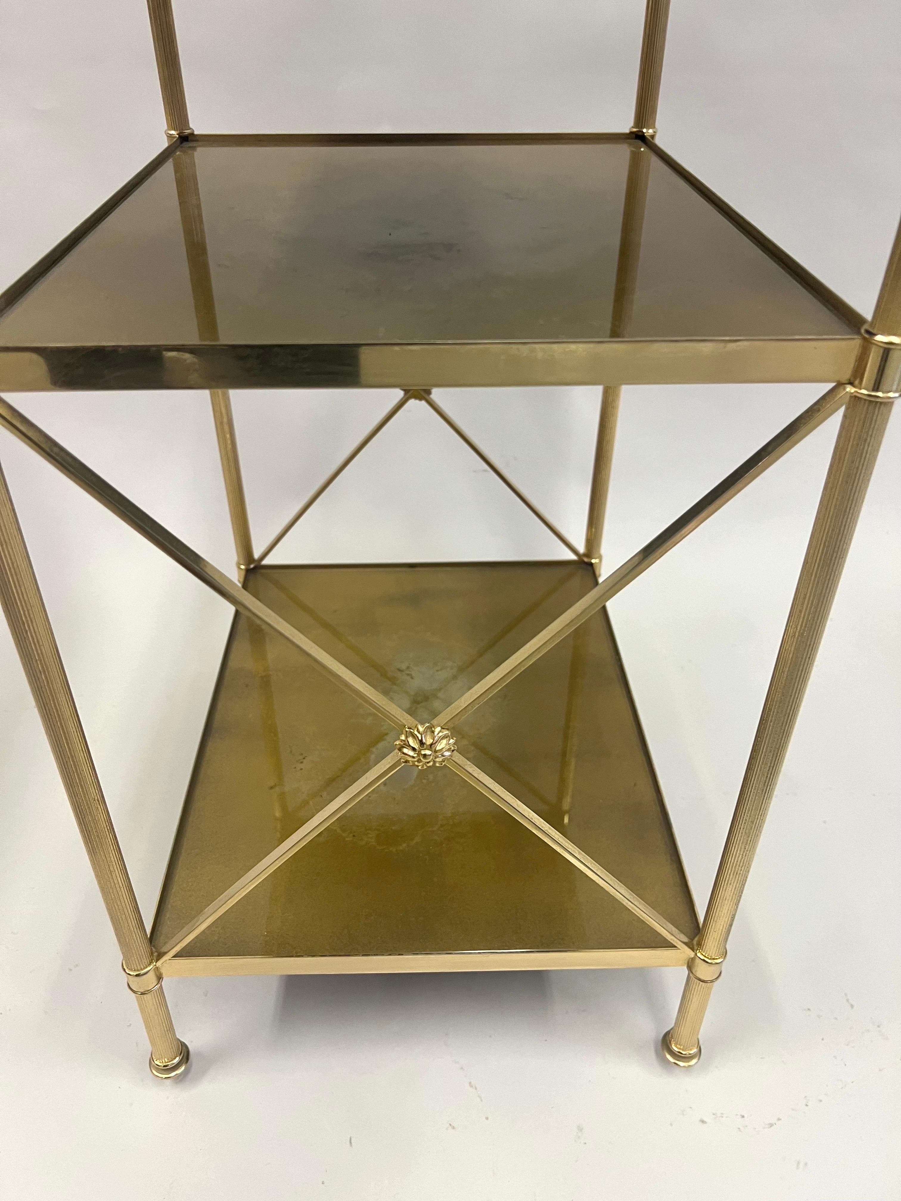 Pair of French Modern Neoclassical Brass & Verre Eglomisse 3 Tier Side Tables For Sale 8