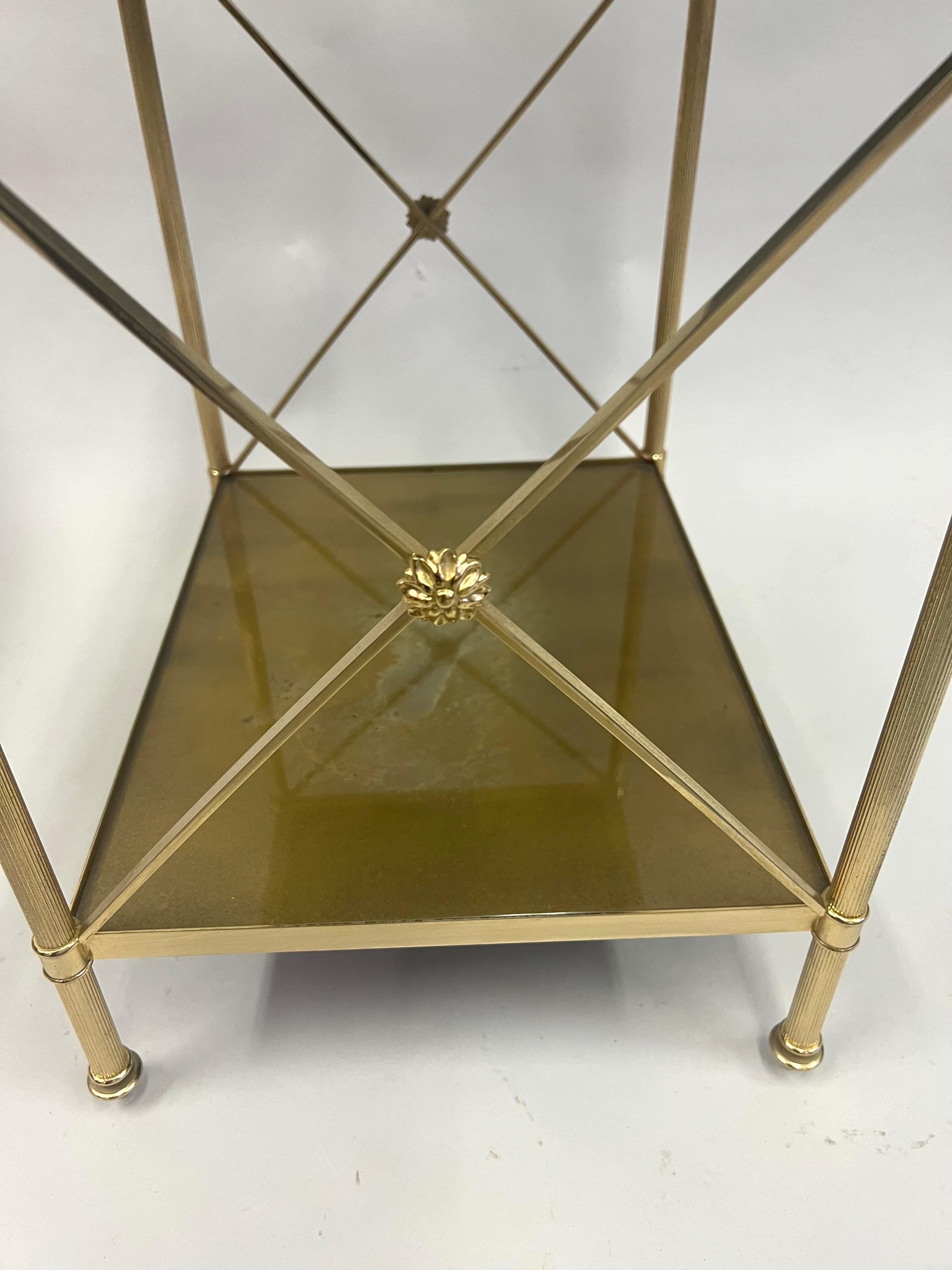 Pair of French Modern Neoclassical Brass & Verre Eglomisse 3 Tier Side Tables For Sale 9