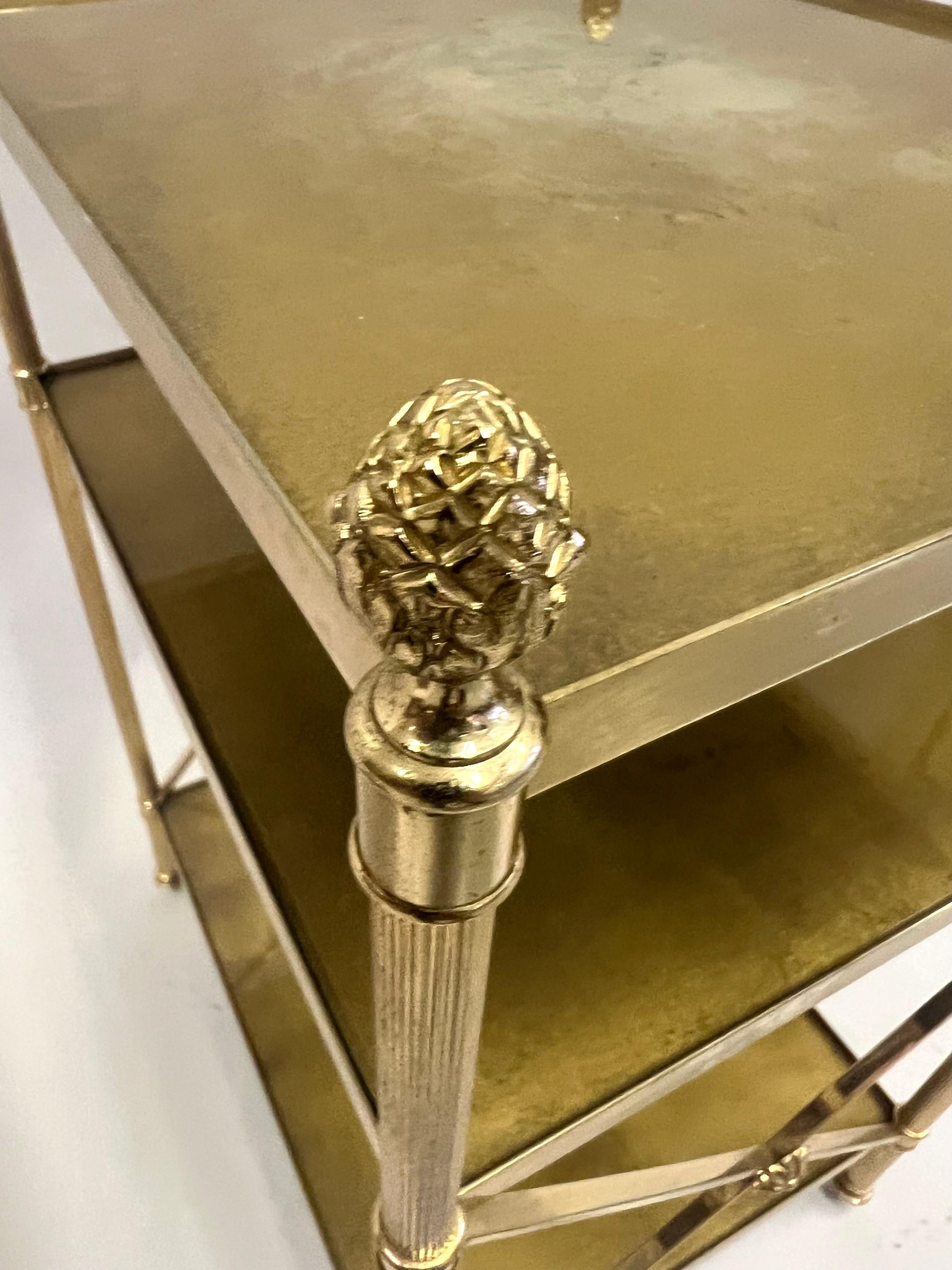 Pair of French Modern Neoclassical Brass & Verre Eglomisse 3 Tier Side Tables For Sale 11