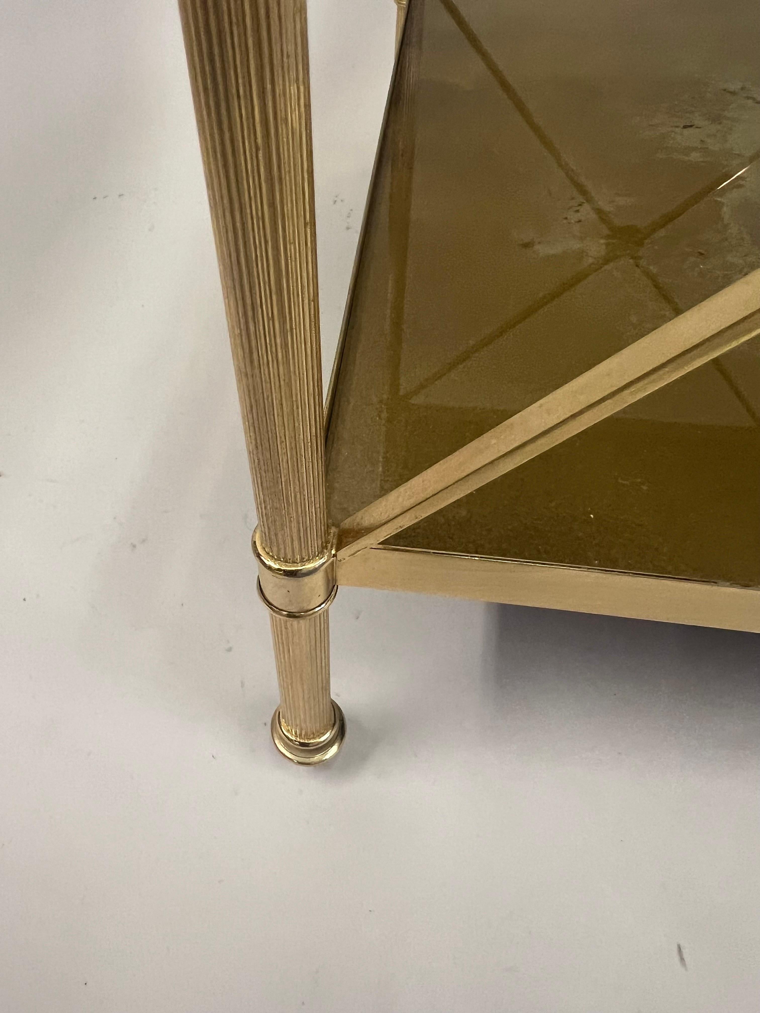 Pair of French Modern Neoclassical Brass & Verre Eglomisse 3 Tier Side Tables For Sale 12