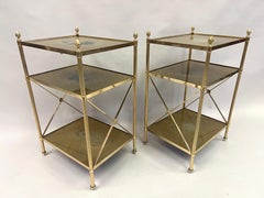 Pair of French Modern Neoclassical Brass & Verre Eglomisse 3 Tier Side Tables