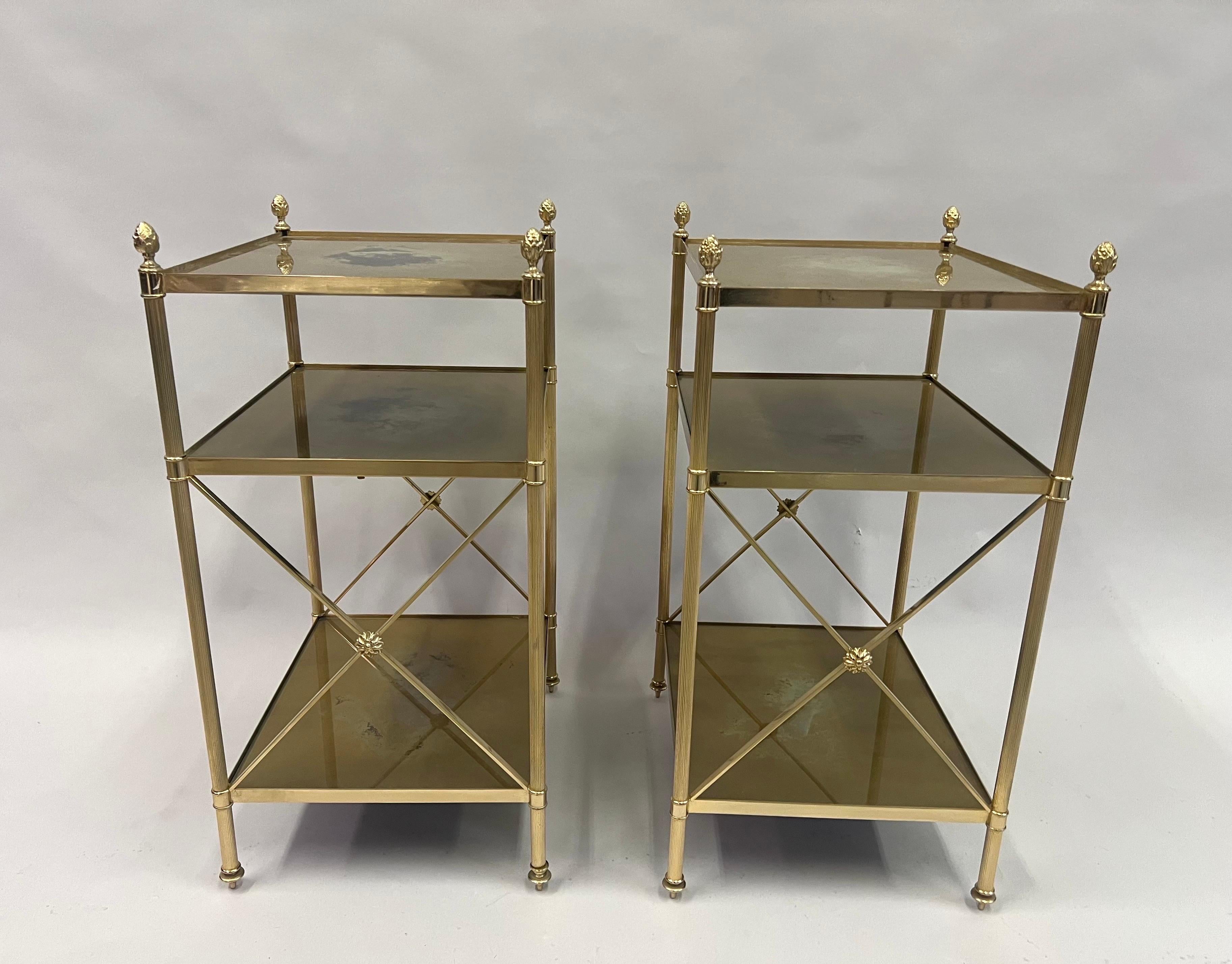 Mid-Century Modern Pair of French Modern Neoclassical Brass & Verre Eglomisse 3 Tier Side Tables For Sale